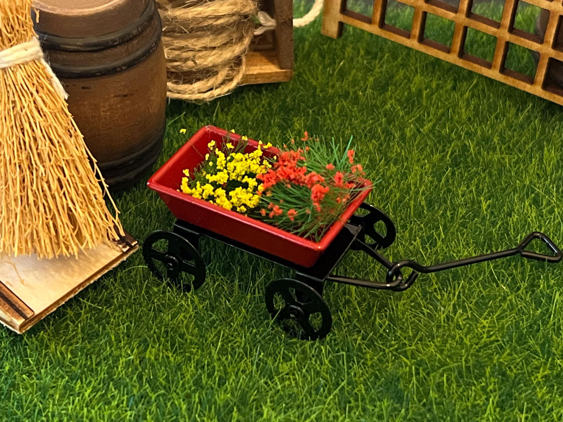 Miniature Red Wagon with Flowers-1:12 Scale-Dollhouse Metal Small Wagon for Kid's Room __etsy:5541730219