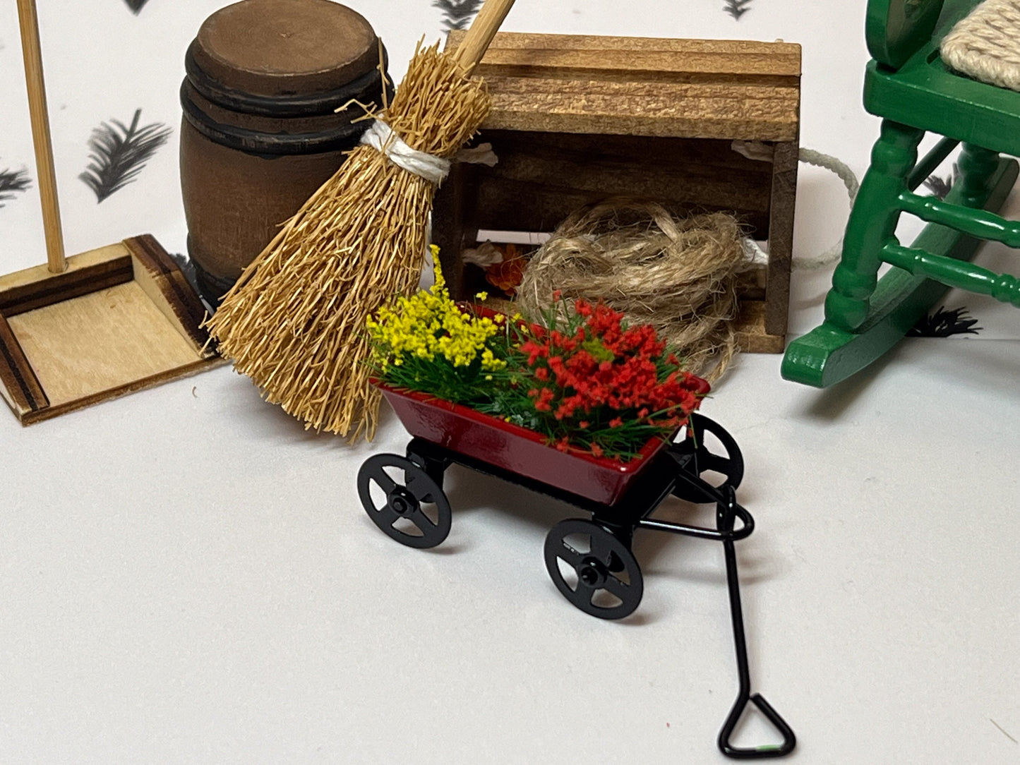 Miniature Red Wagon with Flowers-1:12 Scale-Dollhouse Metal Small Wagon for Kid's Room __etsy:5493531586