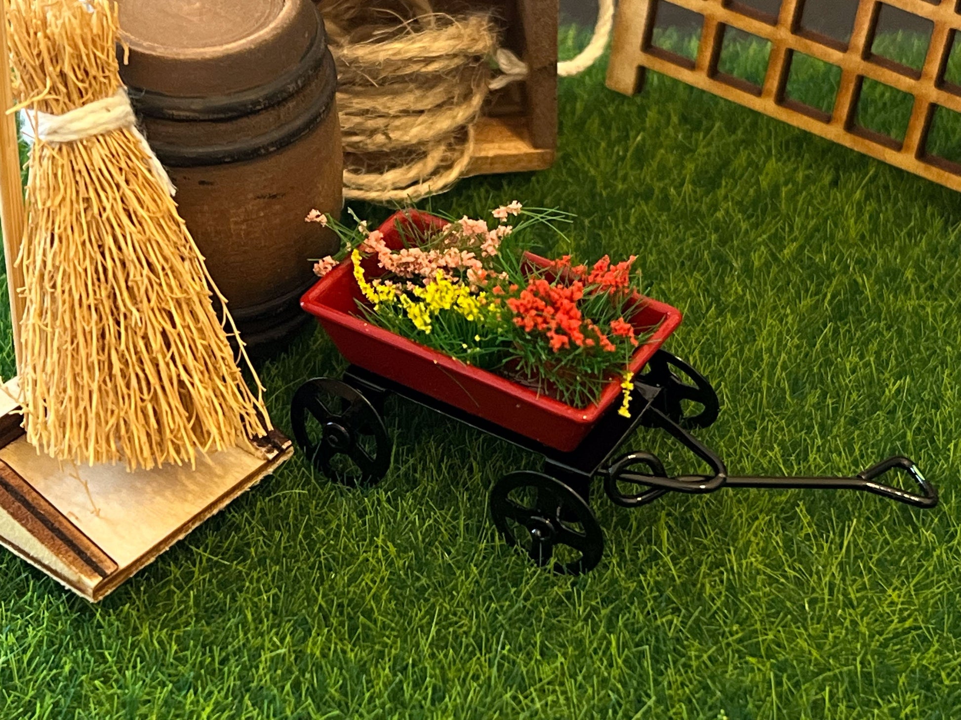 Miniature Red Wagon with Flowers-1:12 Scale-Dollhouse Metal Small Wagon for Kid's Room __etsy:5493628606