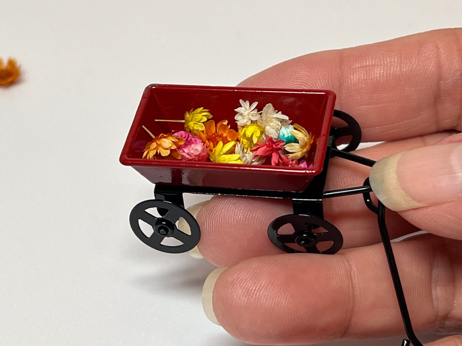 Miniature Red Wagon with Flowers-1:12 Scale-Dollhouse Metal Small Wagon for Kid's Room __etsy:5493531584