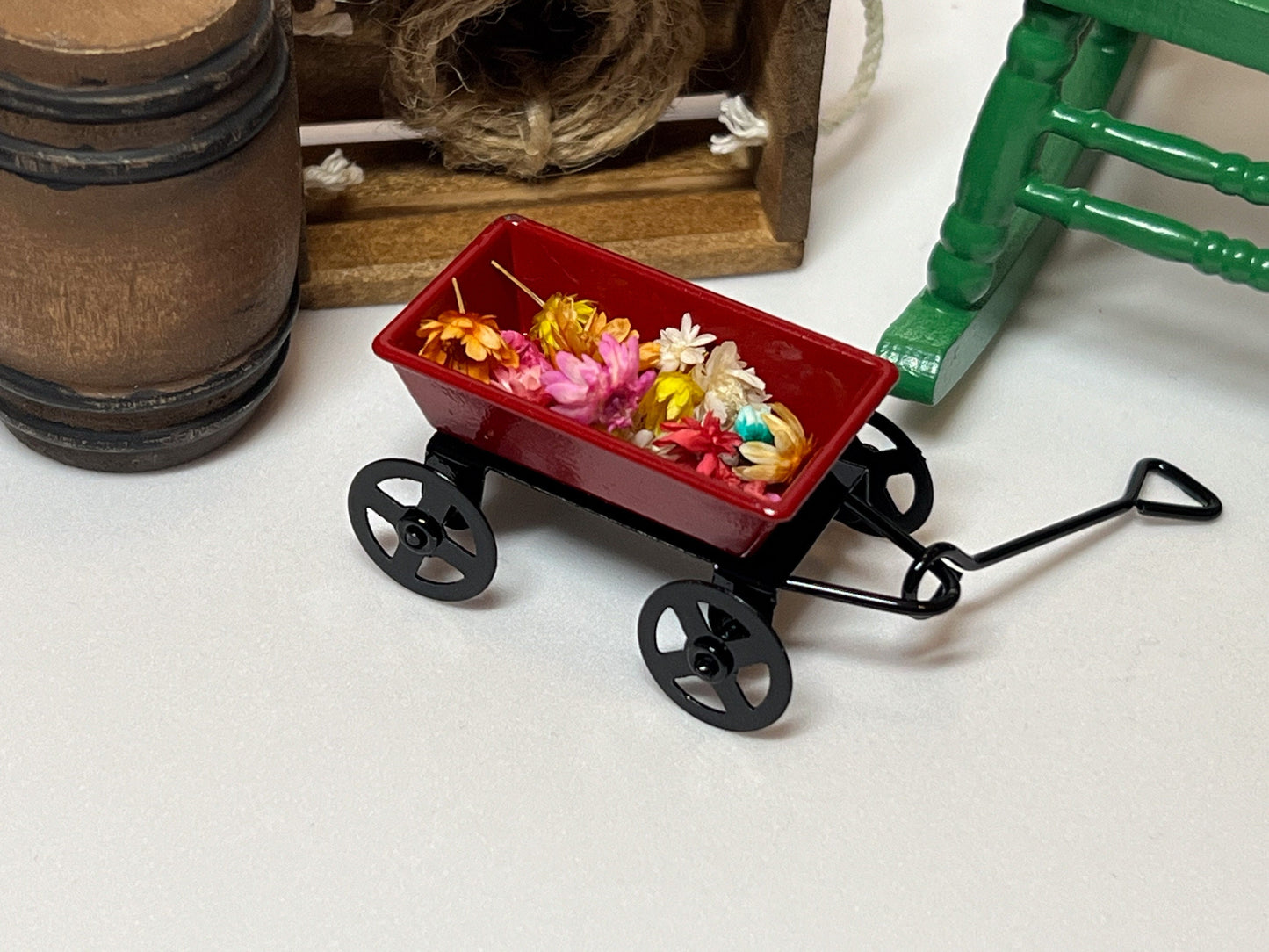 Miniature Red Wagon with Flowers-1:12 Scale-Dollhouse Metal Small Wagon for Kid's Room __etsy:5541639235