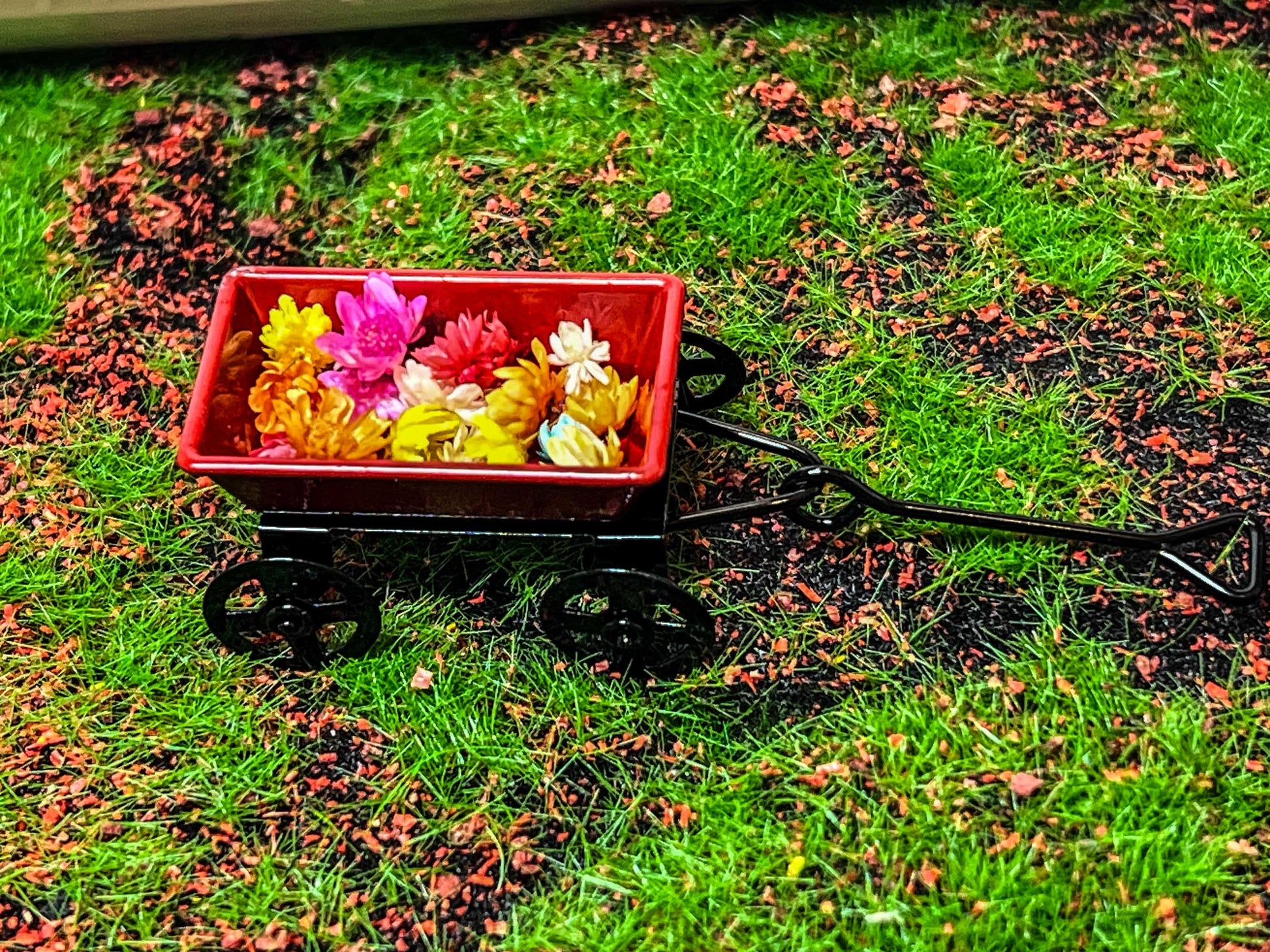 Miniature Red Wagon with Flowers-1:12 Scale-Dollhouse Metal Small Wagon for Kid's Room __etsy:5493531728