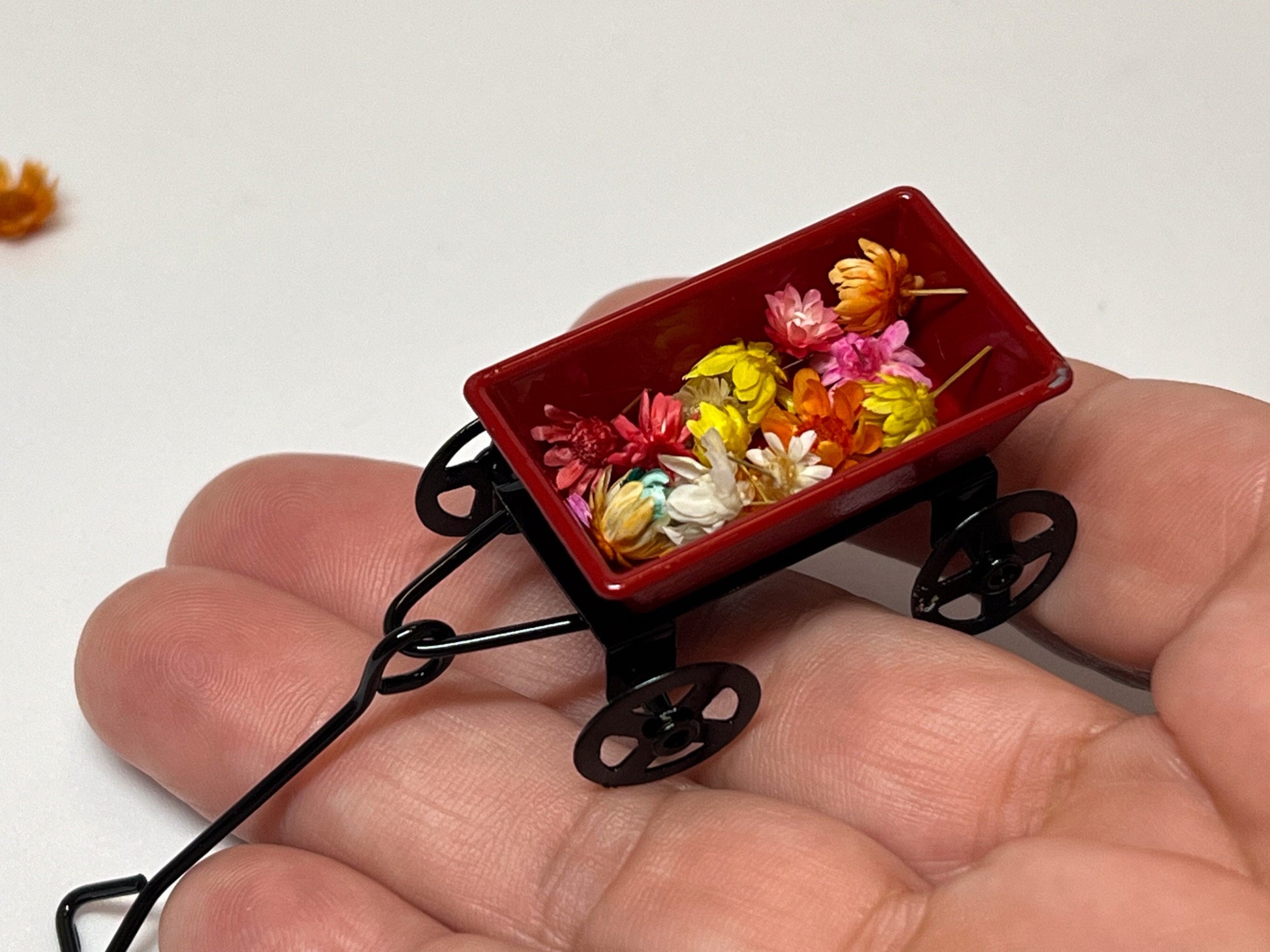 Miniature Red Wagon with Flowers-1:12 Scale-Dollhouse Metal Small Wagon for Kid's Room __etsy:5541639445