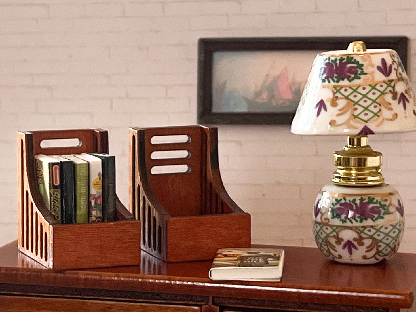 Miniature Retro Desk Organizer with Books – 1:12 Scale – Dollhouse Book Holder for Office __etsy:5573063408