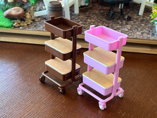 Miniature Rolling Trolley | 1:12 Scale Dollhouse Pink or Brown Storage 3-Tier Cart with Lids __etsy:6818631717