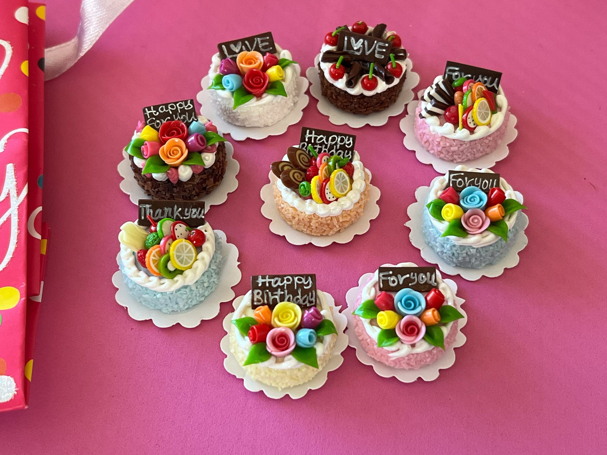 These adorable dollhouse cakes are 1:12 scale, they are handcrafted to such perfection with unique intricate details of beautiful flowers and fruit design; they look so realistic! They come in pink, blue, chocolate, orange, green, blue. __etsy:5902350572