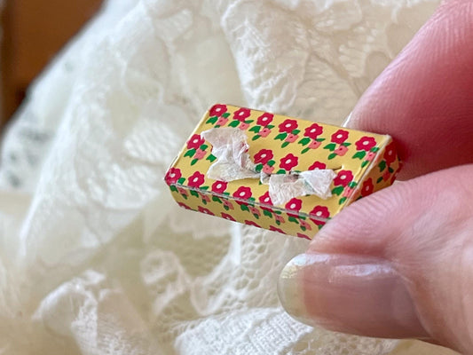 Miniature 1:12 Scale Facial Tissue Box – Yellow with Red Flowers for Bathroom Decor __etsy:7043556461