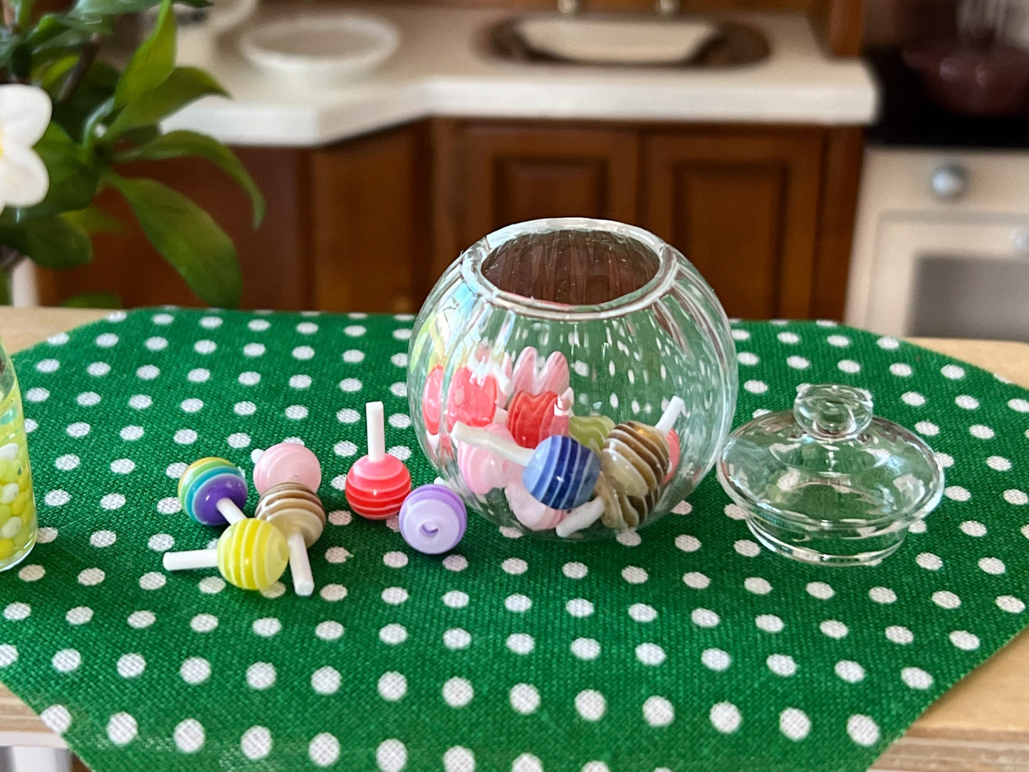 Miniature 1:12 Scale Glass Candy Jar with 20 Lollipops, Dollhouse Kitchen Decord __etsy:6334268454