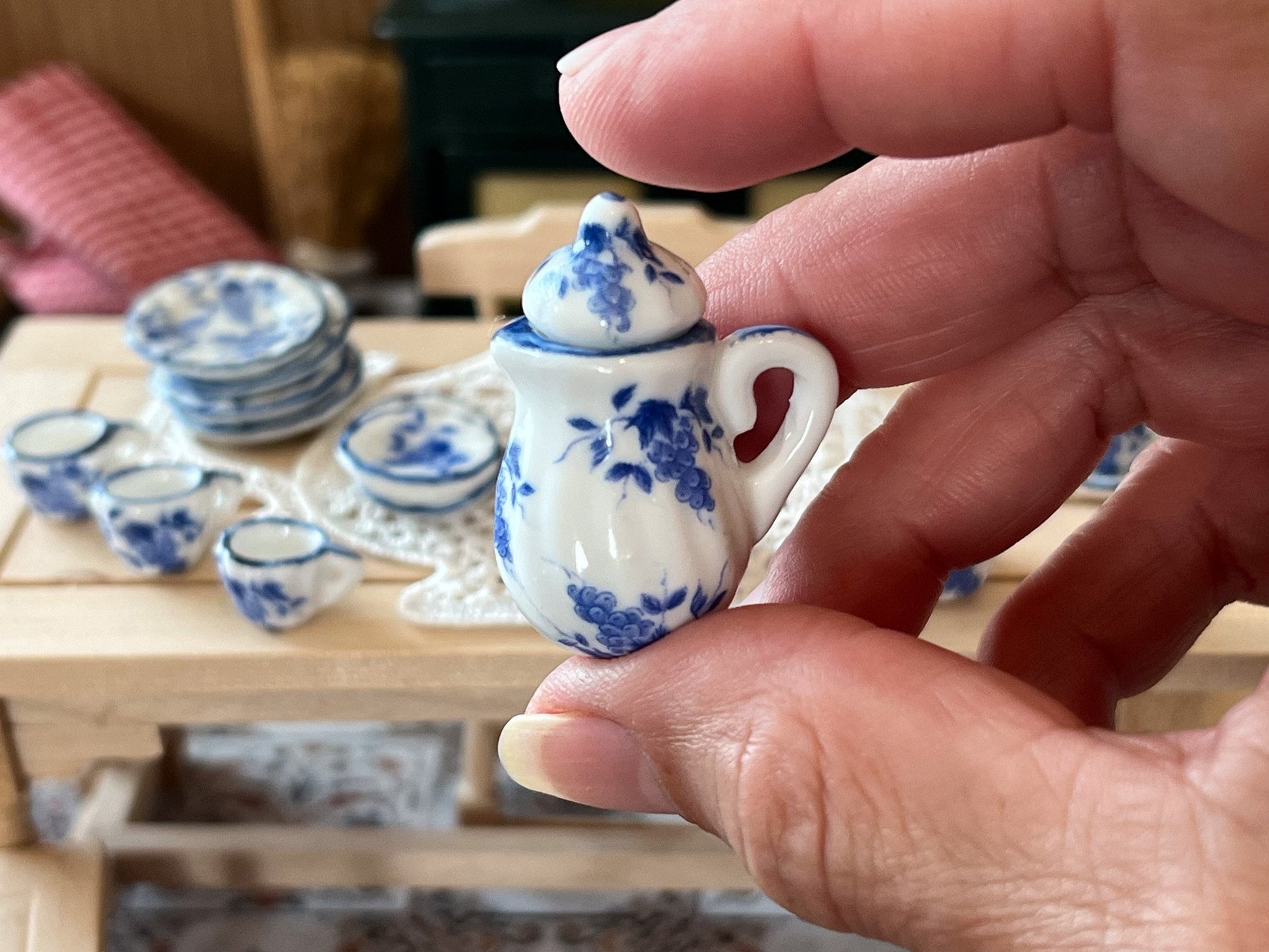 Miniature 1:12 Scale Porcelain 17 PC Tea Set – Blue Floral Dollhouse Dining __etsy:5784642502