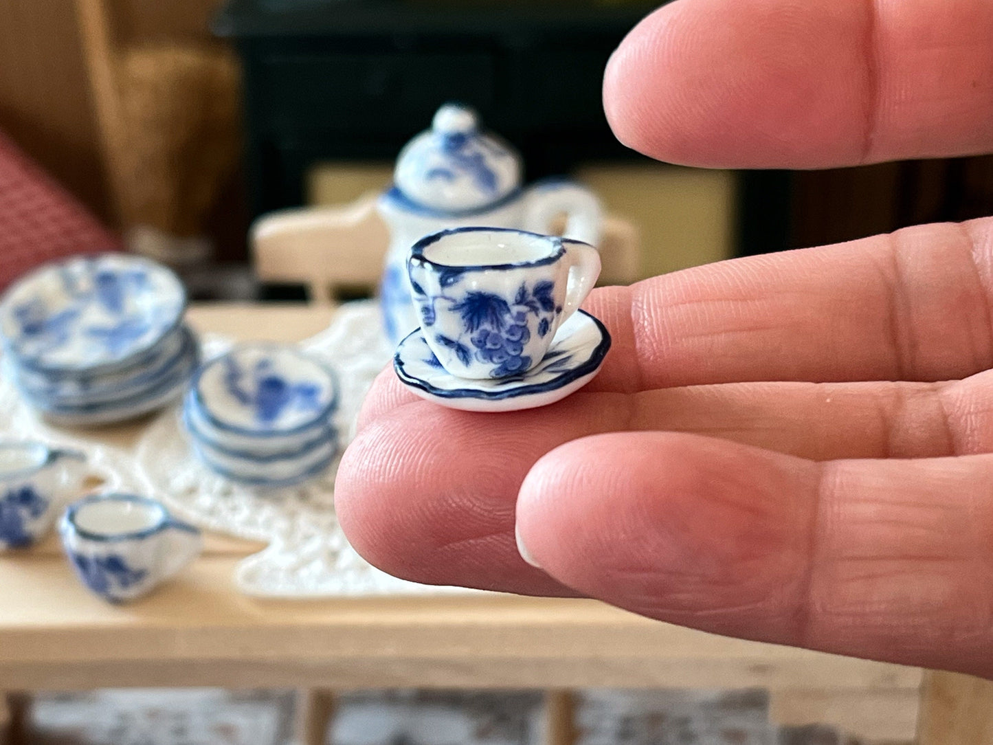 Miniature 1:12 Scale Porcelain 17 PC Tea Set – Blue Floral Dollhouse Dining __etsy:5832714393
