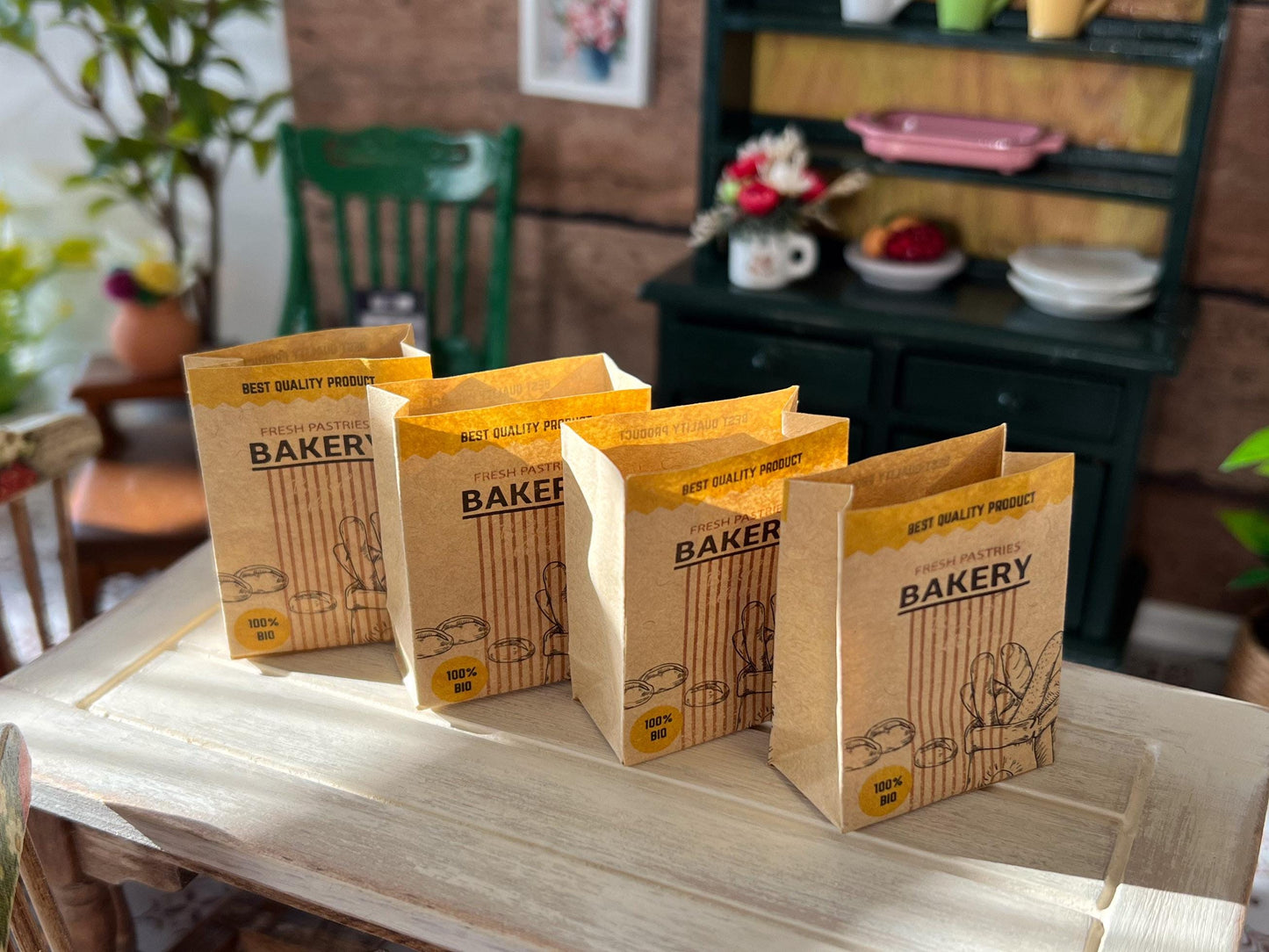 Miniature 1:12 Scale Supermarket Kraft Paper Bags – 4 PC with 3 French Bread Baguettes __etsy:6792044586