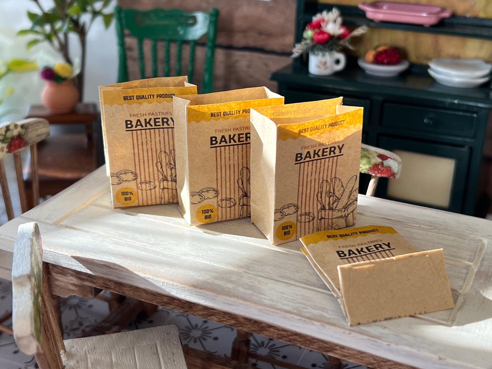 Miniature 1:12 Scale Supermarket Kraft Paper Bags – 4 PC with 3 French Bread Baguettes __etsy:6792044594