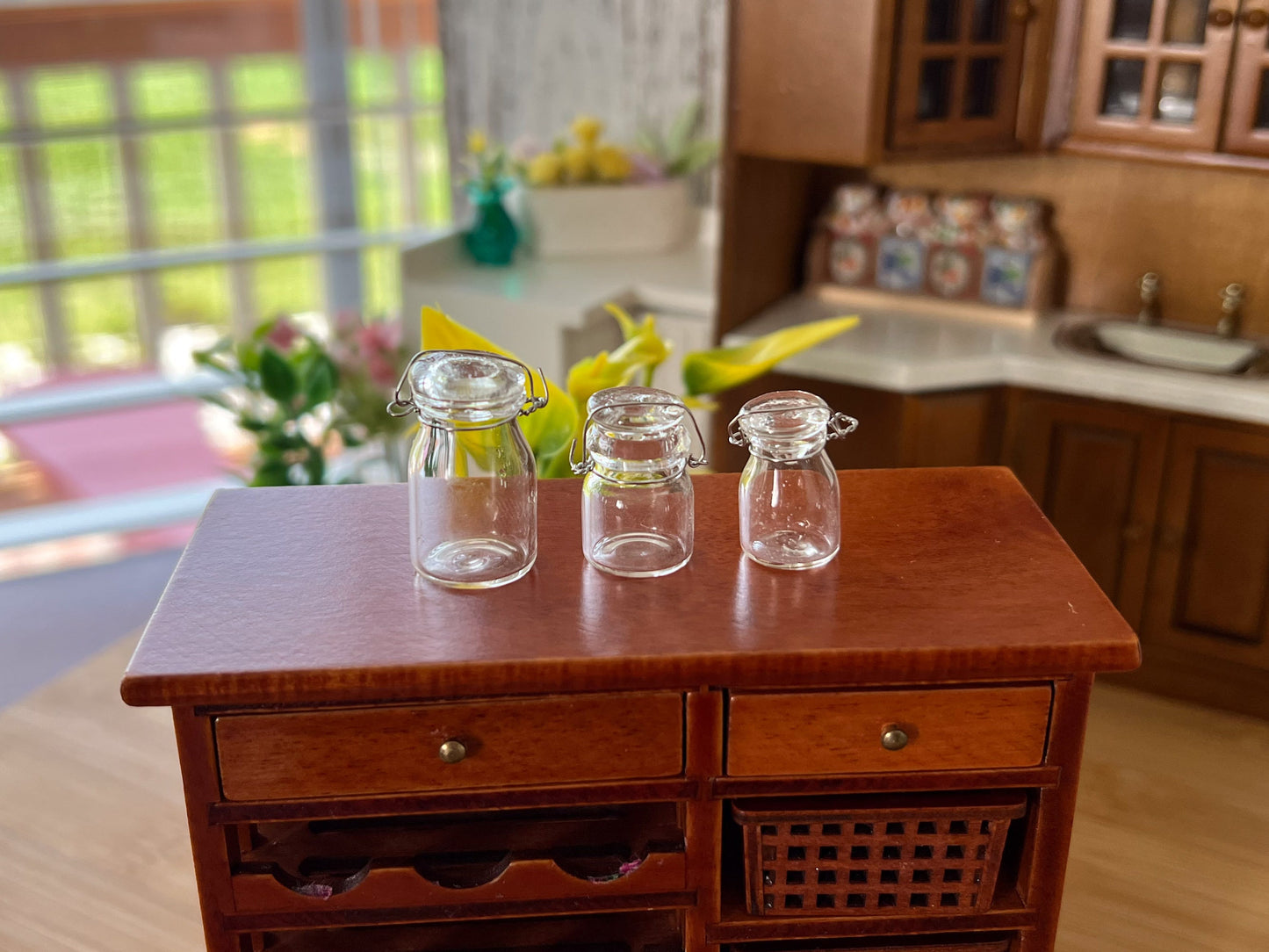 Glass bottling or preserving jars for 1:12 scale dollhouse. Bottles do not open but they are cute for decorating your dollhouse kitchen, they look realistic. You can put a preserves label on the front of the bottles to make them even more realistic. __etsy:6065570197