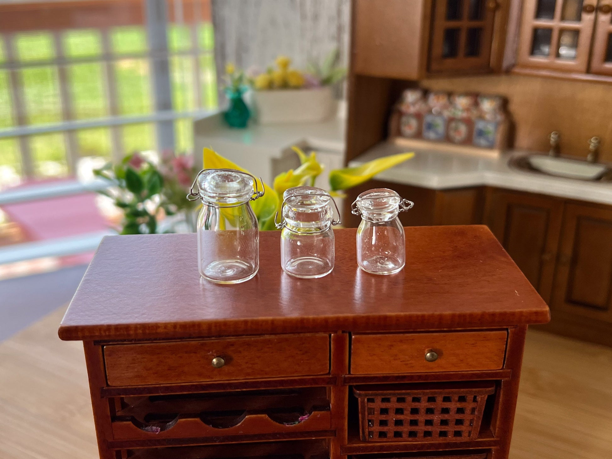 Glass bottling or preserving jars for 1:12 scale dollhouse. Bottles do not open but they are cute for decorating your dollhouse kitchen, they look realistic. You can put a preserves label on the front of the bottles to make them even more realistic. __etsy:6065570197