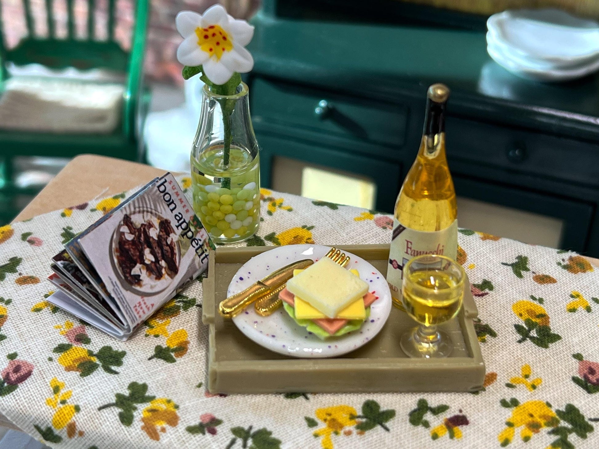 Miniature 1:12 Scale Wine Set with Sandwich, Tray, and Utensils __etsy:7233001779