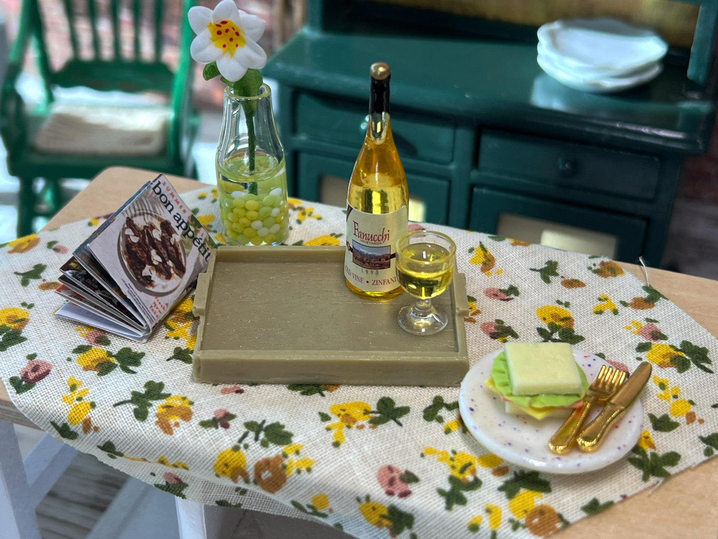 Miniature 1:12 Scale Wine Set with Sandwich, Tray, and Utensils __etsy:7233001781