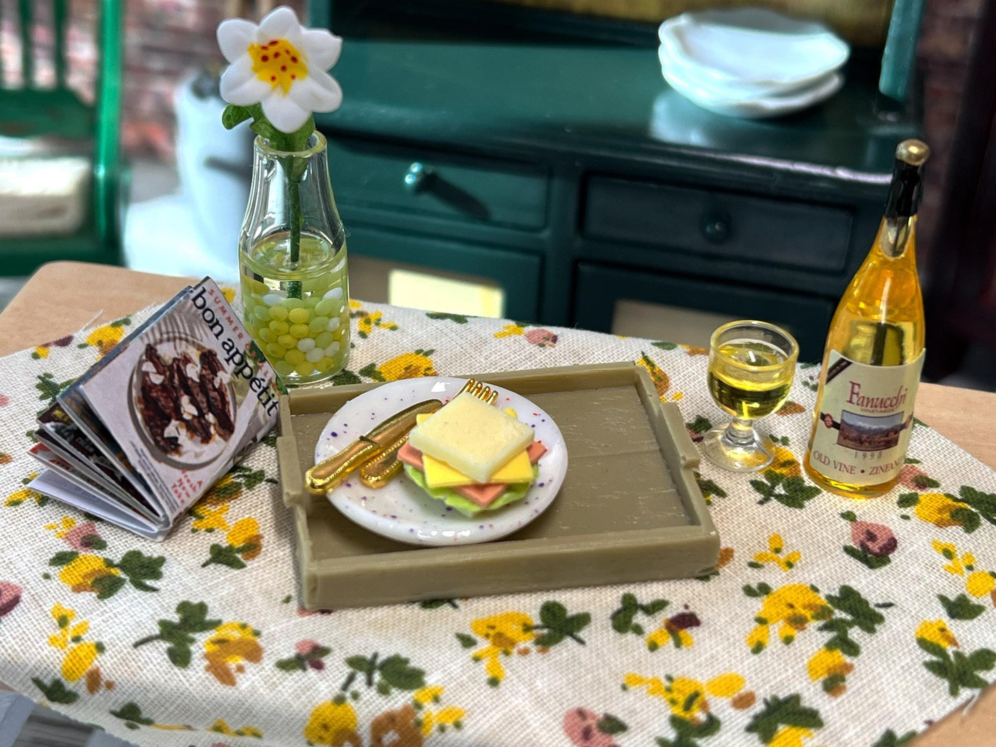 Miniature 1:12 Scale Wine Set with Sandwich, Tray, and Utensils __etsy:7233001787