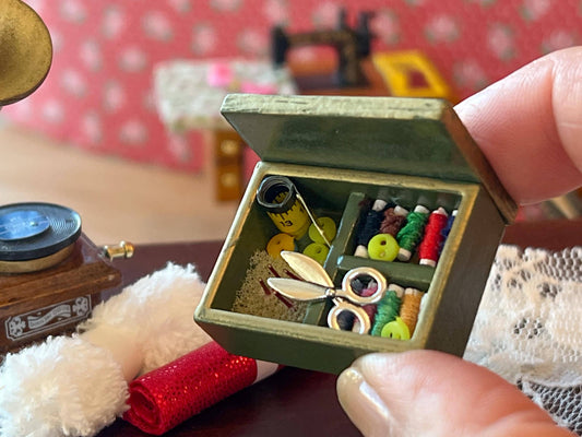 Miniature Sewing Kit-1:12 Scale – Dollhouse Vintage Green Wooden Needlework Box with Accessories __etsy:7320607896