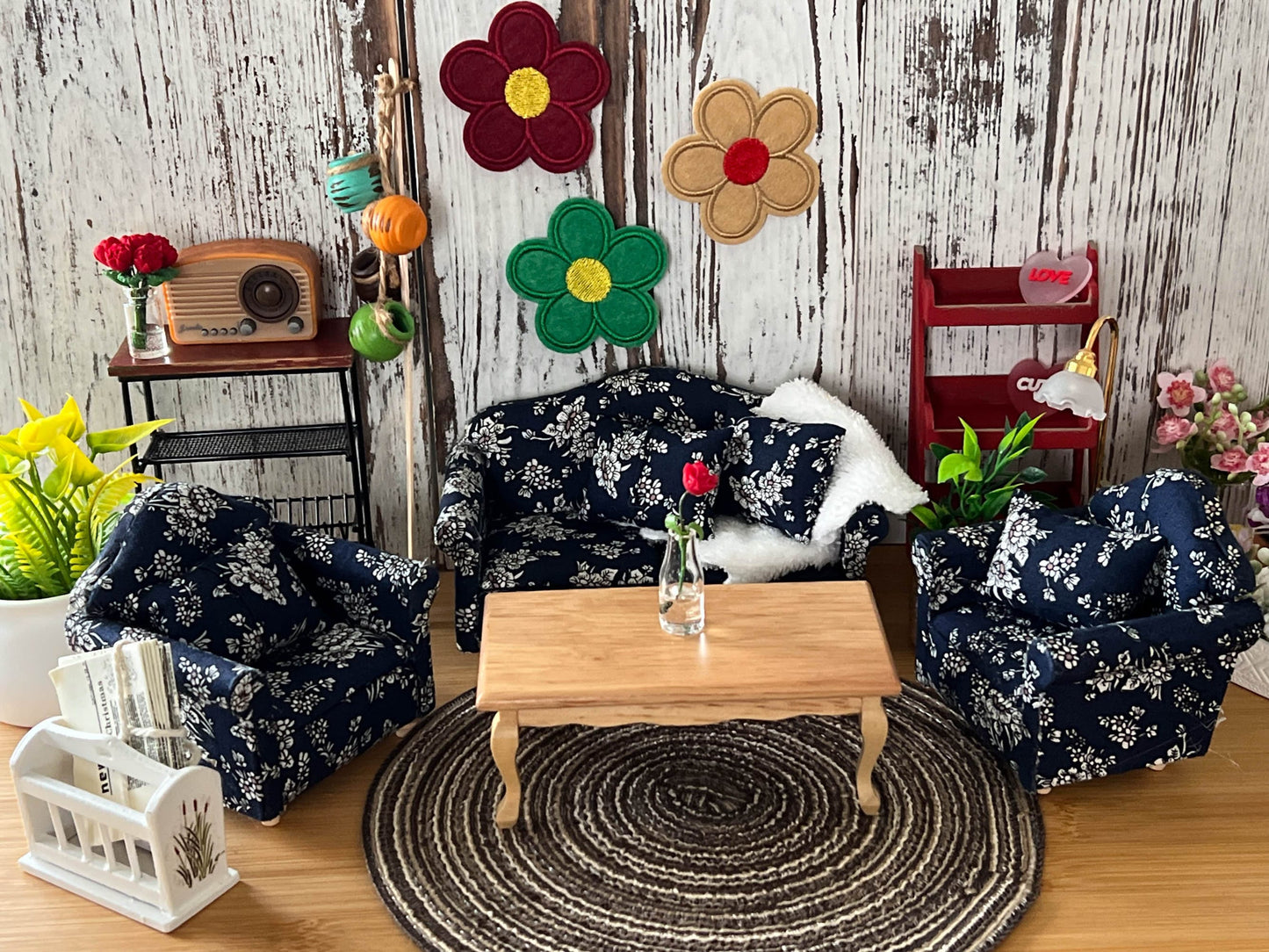 Miniature Sofa Set – 1:12 Scale - Dollhouse Furniture Blue Sofa, Chairs & Coffee Table __etsy:5897996939
