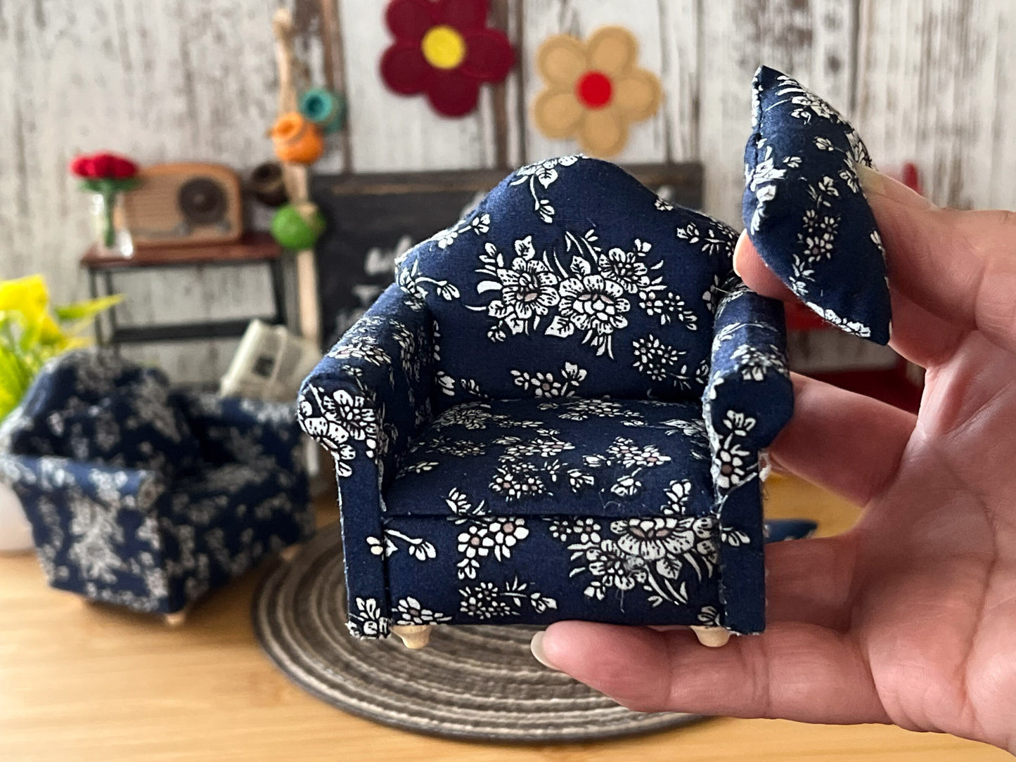 Miniature Sofa Set – 1:12 Scale - Dollhouse Furniture Blue Sofa, Chairs & Coffee Table __etsy:5897996943