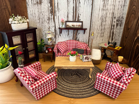 Miniature Sofa Set – 1:12 Scale - Dollhouse Red Plaid Sofa, Chairs & Table-Dollhouse Furniture __etsy:5973840846