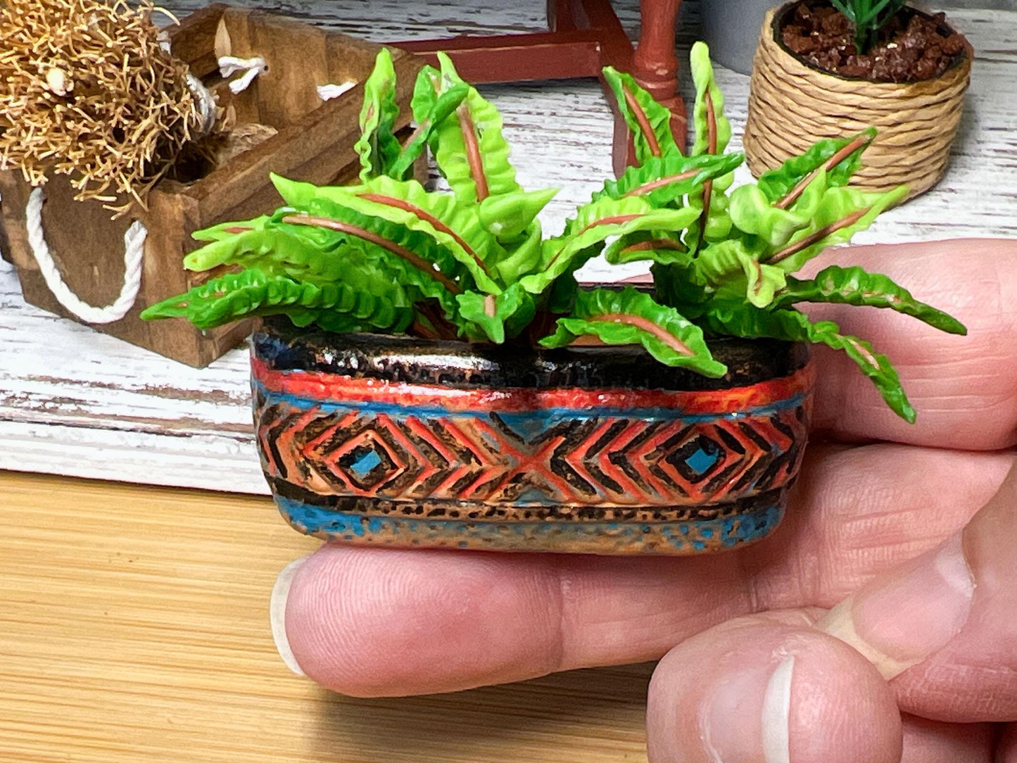 Miniature Southwestern Flower Planter - 1:12 Scale - Dollhouse Clay Flower Pot Home Decor __etsy:6676322517