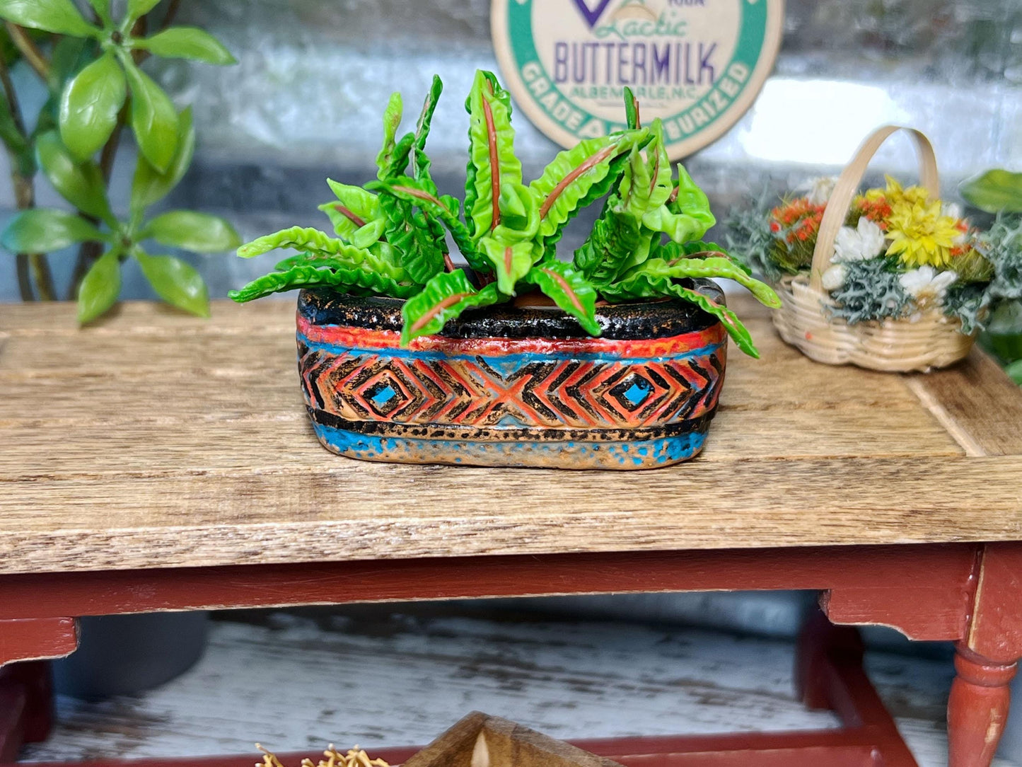 Miniature Southwestern Flower Planter - 1:12 Scale - Dollhouse Clay Flower Pot Home Decor __etsy:6628243628