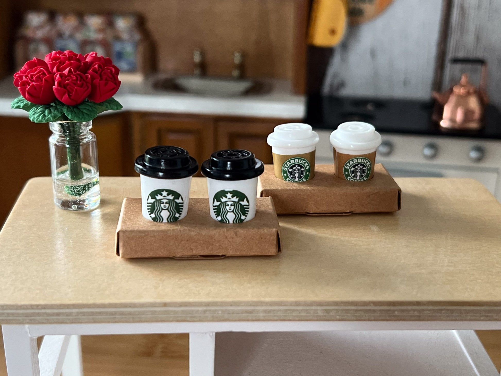 Stock your little home with this adorable 2 cup paperboard disposable cup drink takeout carrier tray with two Starbucks coffees, this strong cup holder tray is perfect for carrying hot and cold drinks. __etsy:6059775461