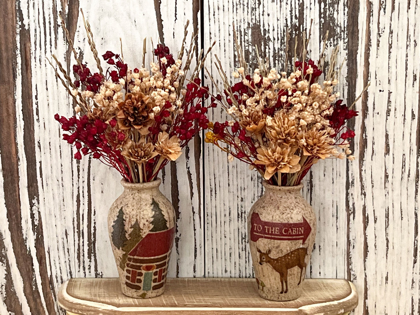 Adorable stoneware matt vase handcrafted with decoupage paper cabin motive and decorated with a variety of dry flowers. __etsy:5896042586