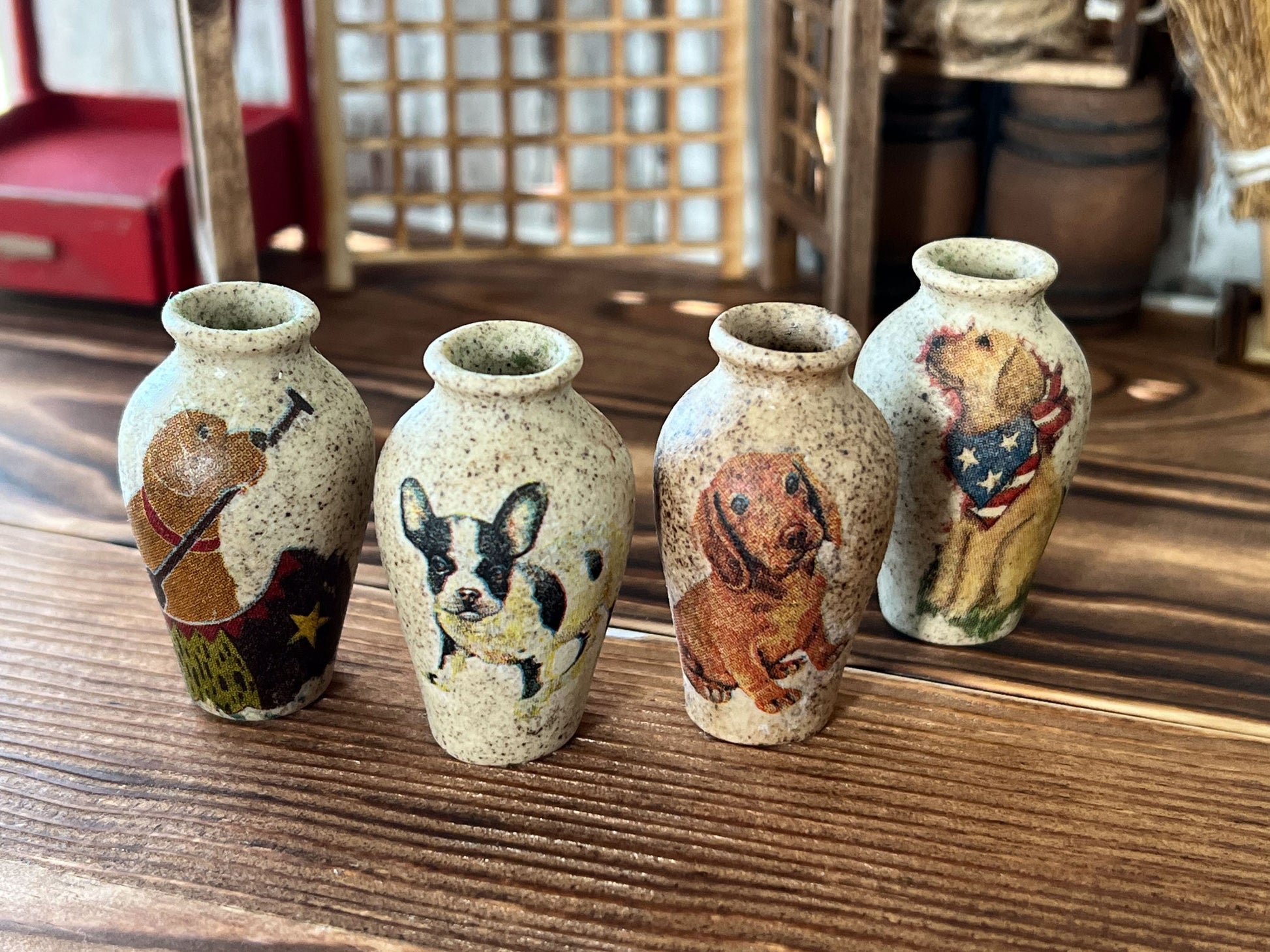 Miniature Stoneware Vase, 1:6 Scale – Dollhouse Decor Handcrafted with Dog Theme and Paper Flowers __etsy:6033678475