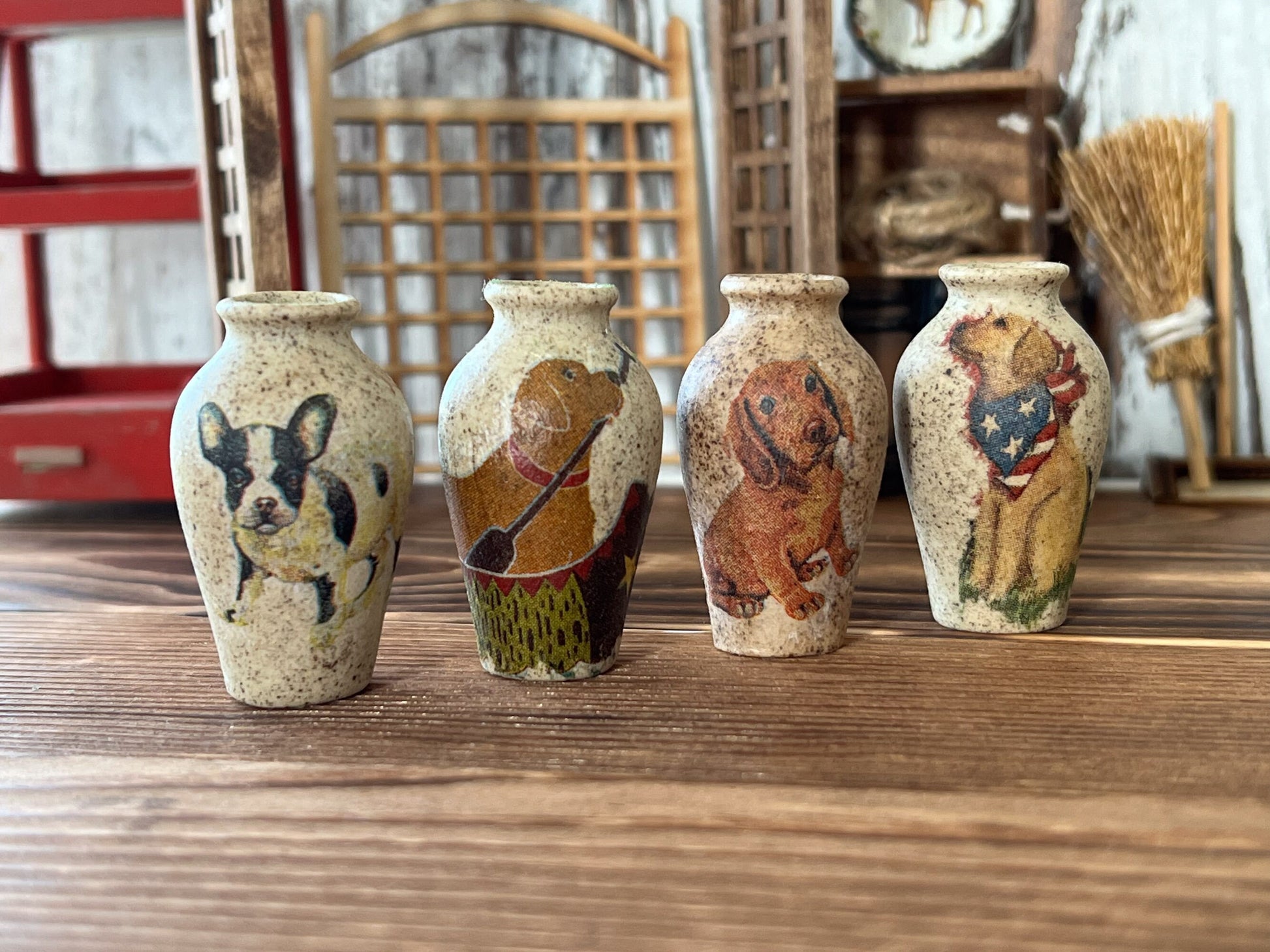 Miniature Stoneware Vase, 1:6 Scale – Dollhouse Decor Handcrafted with Dog Theme and Paper Flowers __etsy:6033678483