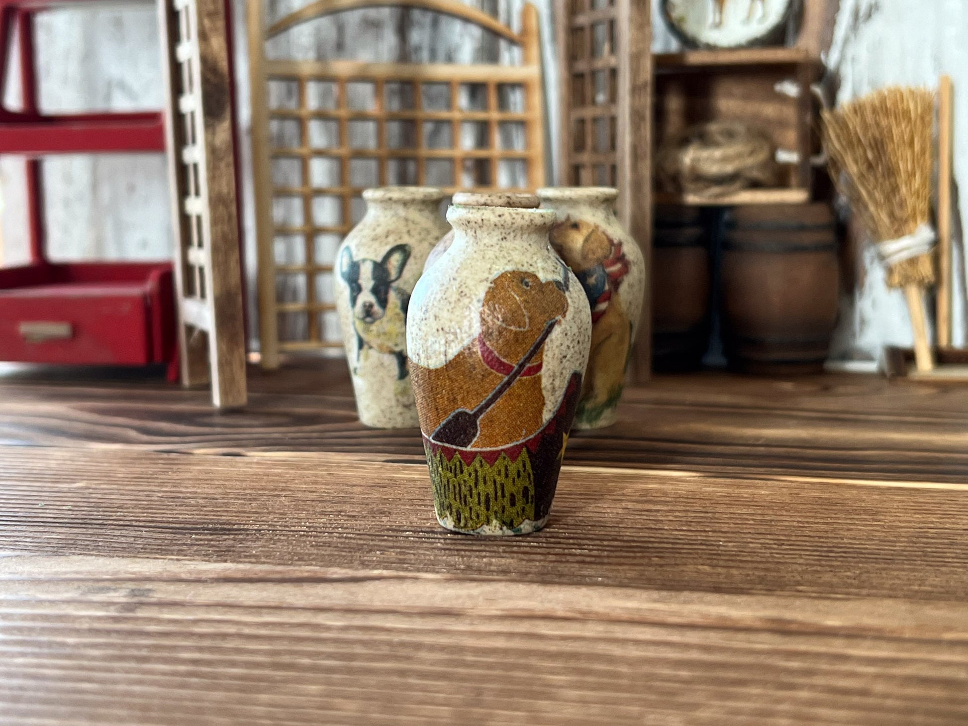 Miniature Stoneware Vase, 1:6 Scale – Dollhouse Decor Handcrafted with Dog Theme and Paper Flowers __etsy:6033678473