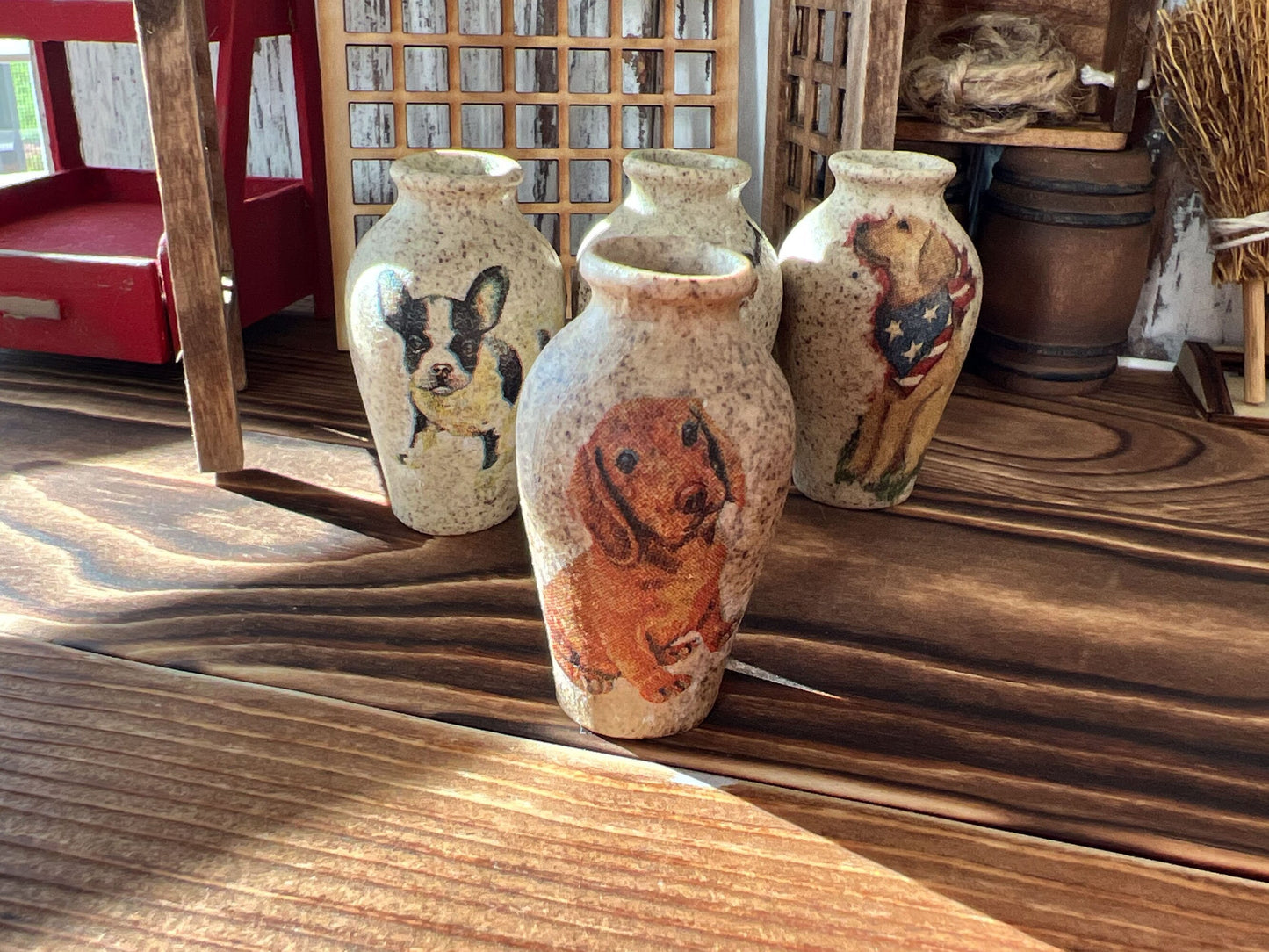 Miniature Stoneware Vase, 1:6 Scale – Dollhouse Decor Handcrafted with Dog Theme and Paper Flowers __etsy:5985614908