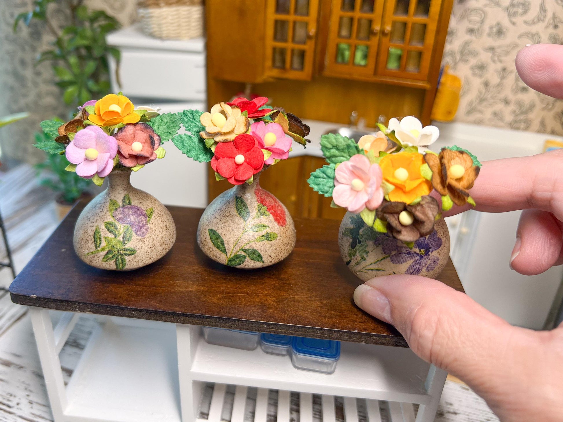 Miniature Stoneware Vase 1:6 Scale – Dollhouse Decor with Decoupage Paper & Mulberry Blooms __etsy:7843121506