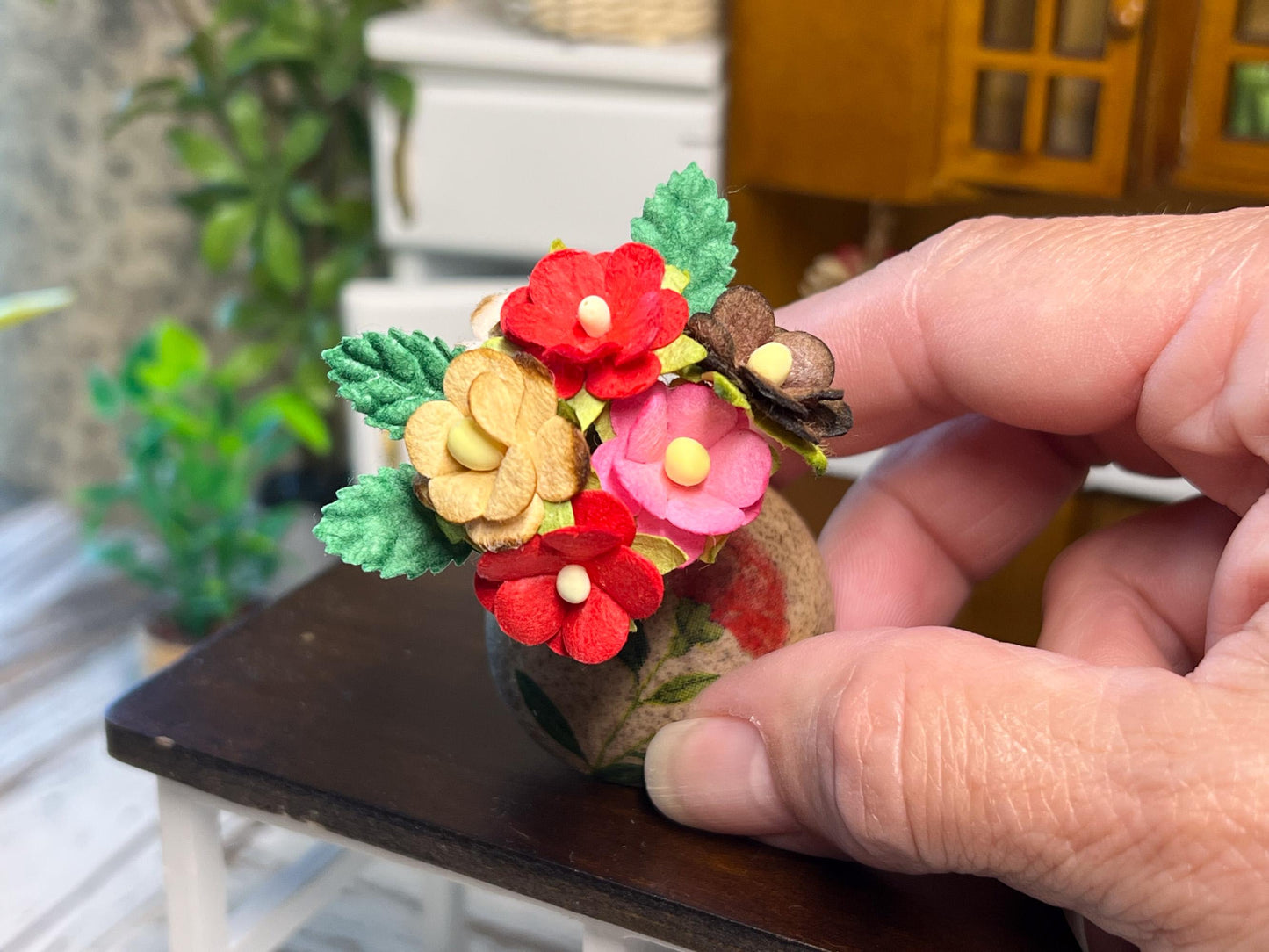 Miniature Stoneware Vase 1:6 Scale – Dollhouse Decor with Decoupage Paper & Mulberry Blooms __etsy:7843121514