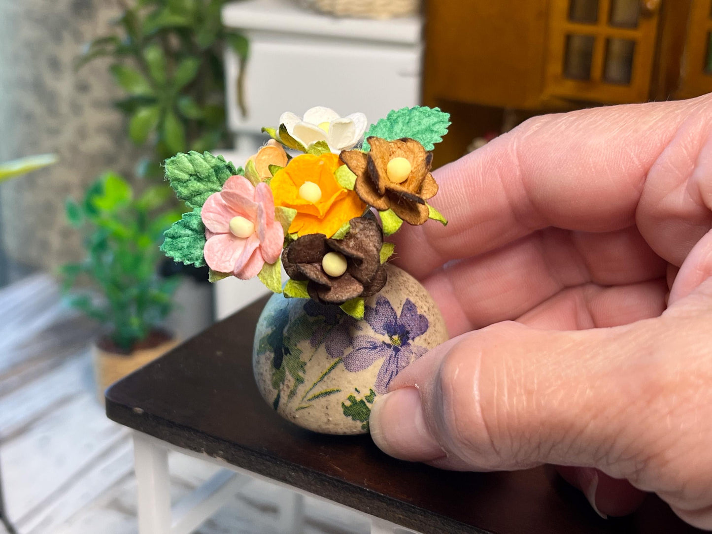 Miniature Stoneware Vase 1:6 Scale – Dollhouse Decor with Decoupage Paper & Mulberry Blooms __etsy:7843121512