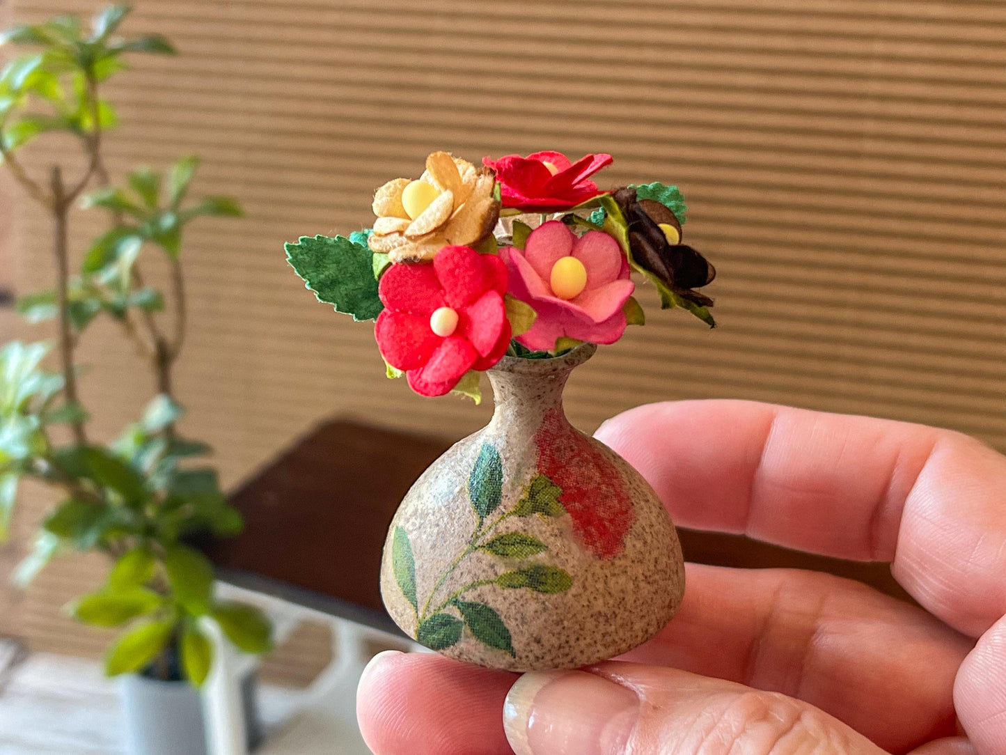 Miniature Stoneware Vase 1:6 Scale – Dollhouse Decor with Decoupage Paper & Mulberry Blooms __etsy:7891071075