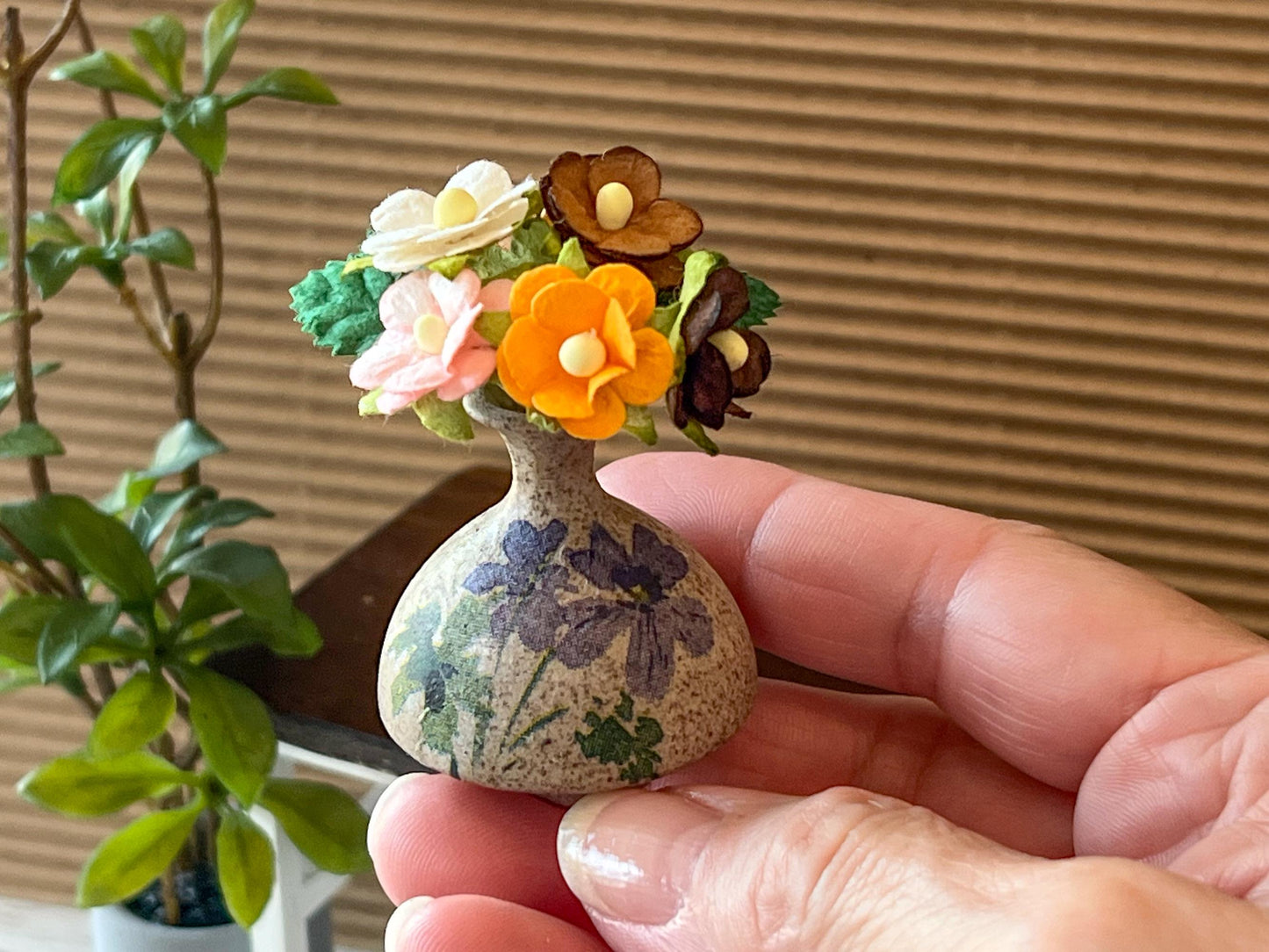 Miniature Stoneware Vase 1:6 Scale – Dollhouse Decor with Decoupage Paper & Mulberry Blooms __etsy:7891071063