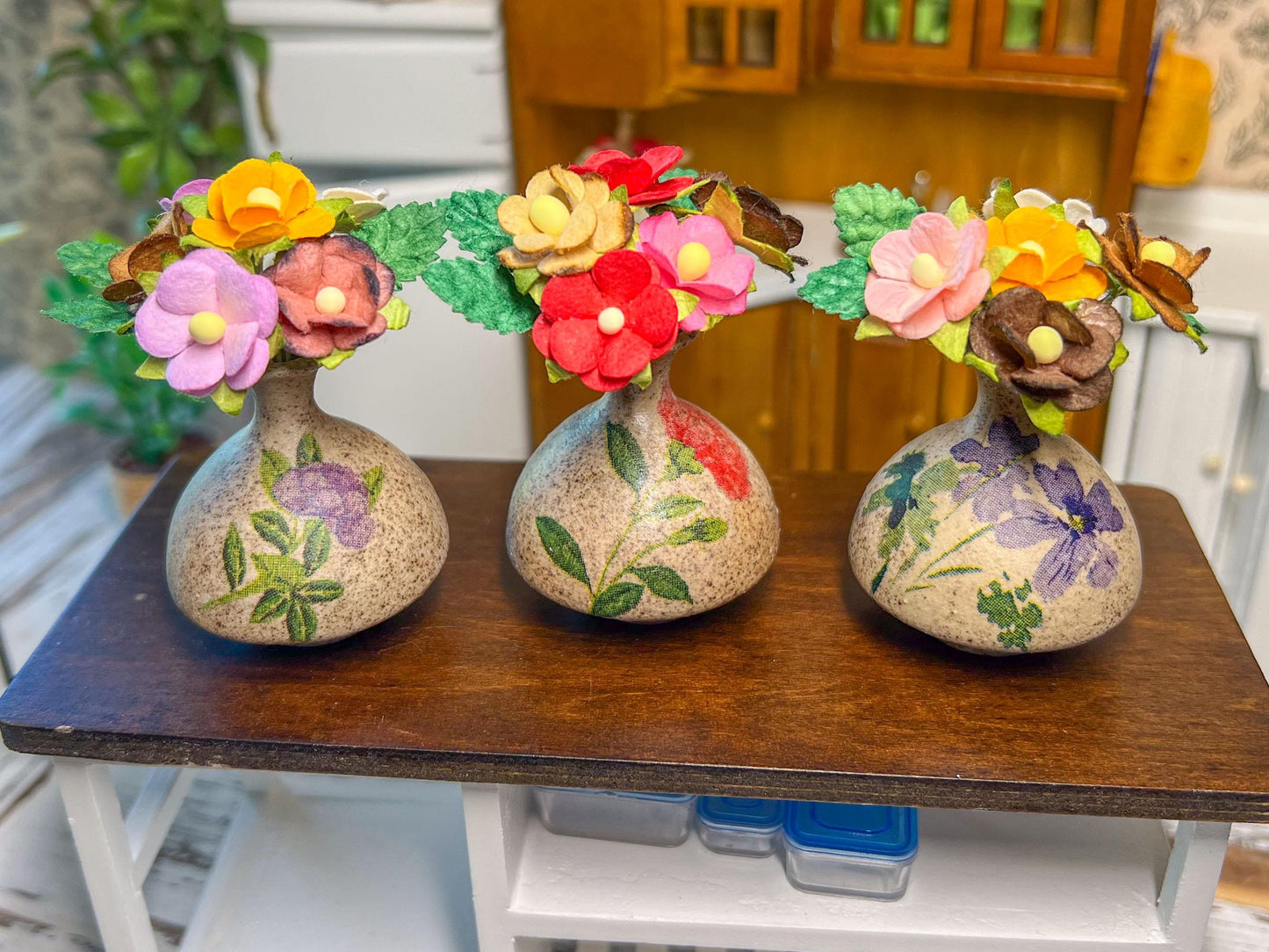 Miniature Stoneware Vase 1:6 Scale – Dollhouse Decor with Decoupage Paper & Mulberry Blooms __etsy:7891070913