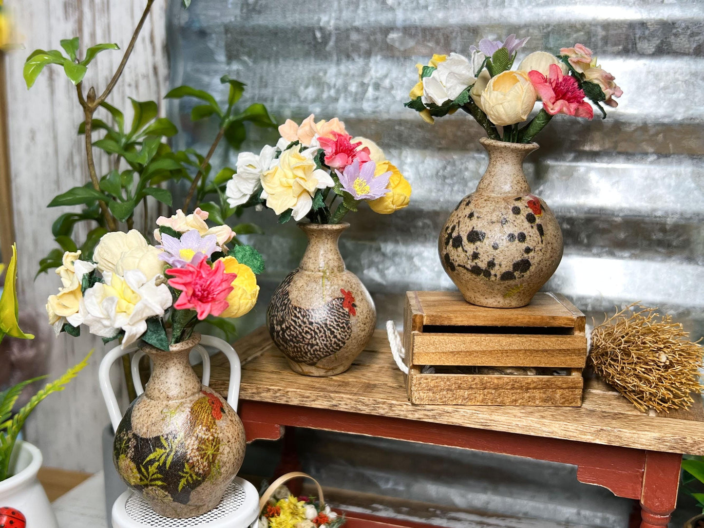 Miniature Stoneware Vase 1:6 Scale- Dollhouse Rustic Decor with Chicken Print __etsy:6640421260