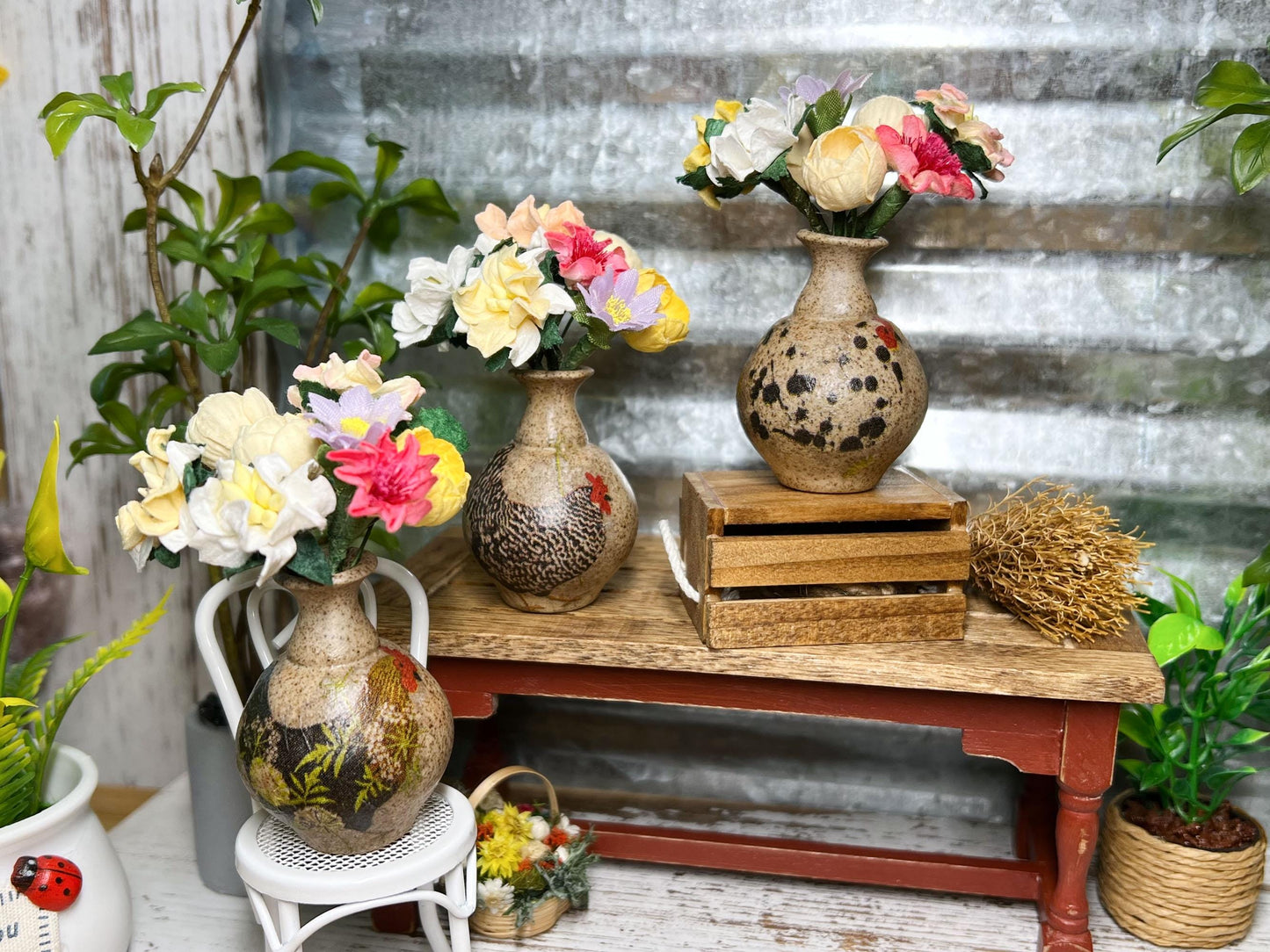 Miniature Stoneware Vase 1:6 Scale- Dollhouse Rustic Decor with Chicken Print __etsy:6688472491