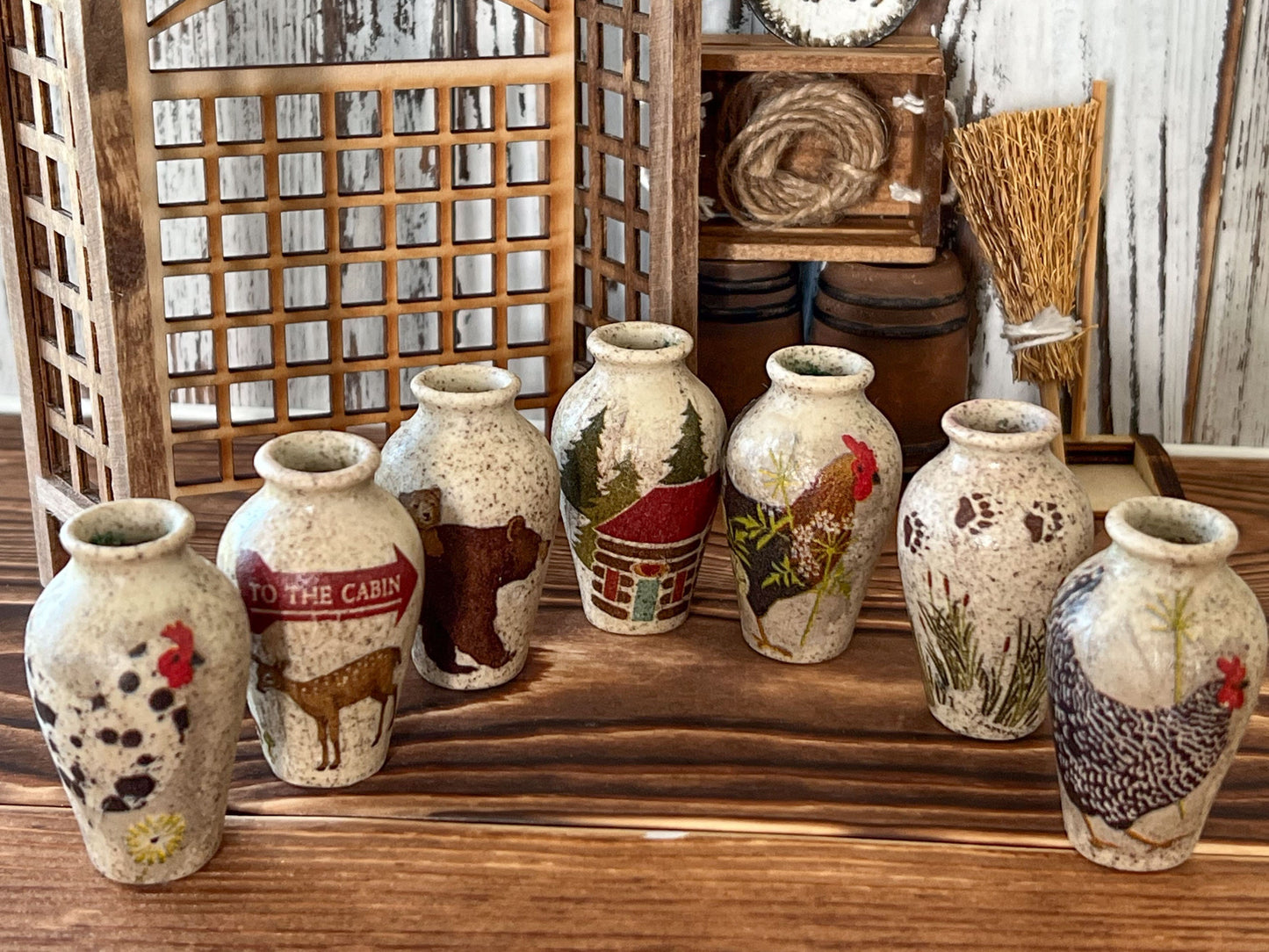 These adorable 1:6 scale beautiful stoneware vases are handcrafted to perfection, decorated with decoupage paper cabin, hens, bear, grass or deer cut-outs. Use them anywhere in your cabin, country home, or any other decor. __etsy:6033589625