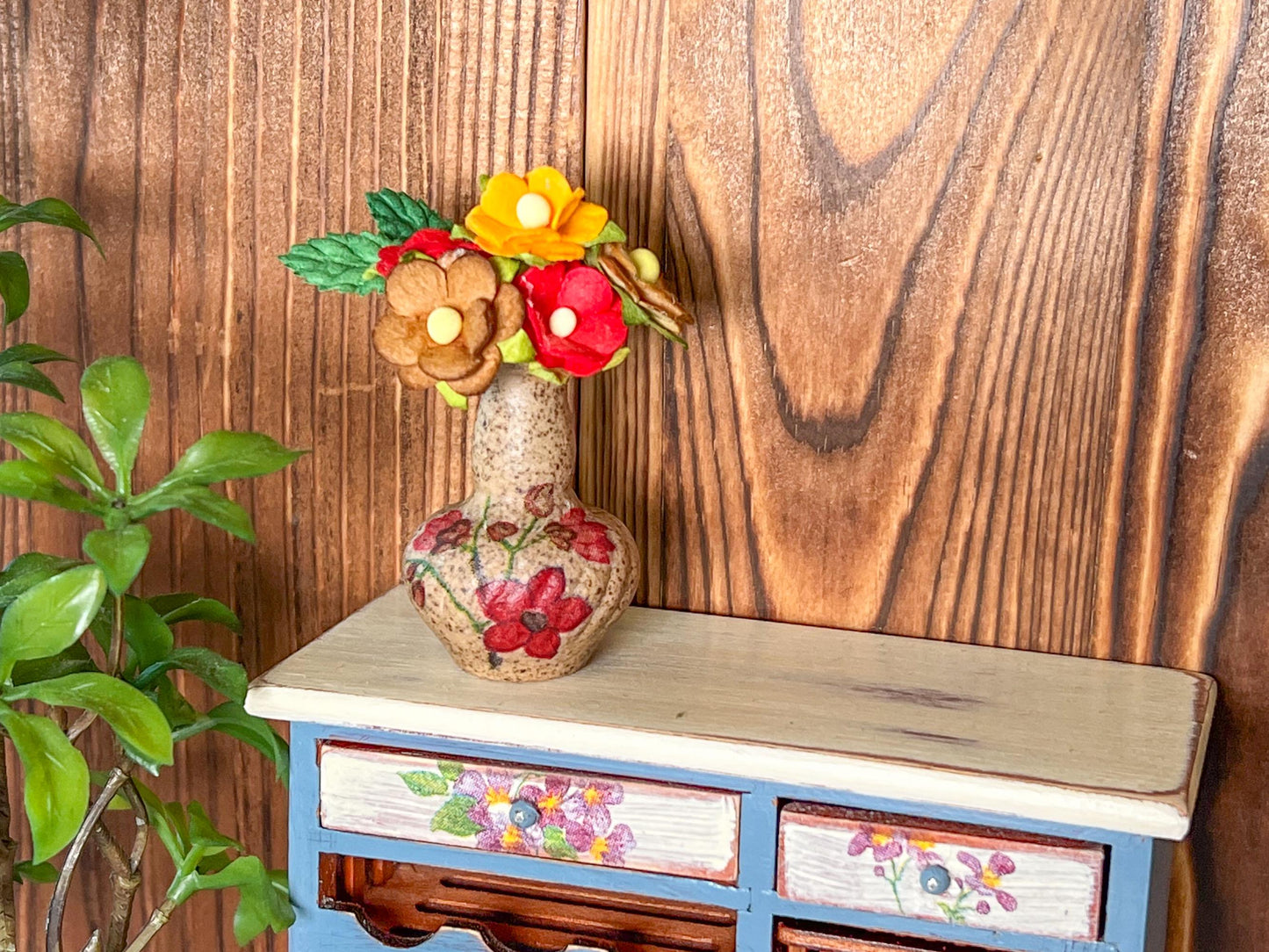 Miniature Stoneware Vase with Flowers – 1:6 Scale Dollhouse Decor | Red & Pink Decoupage Floral Pot __etsy:7845832432