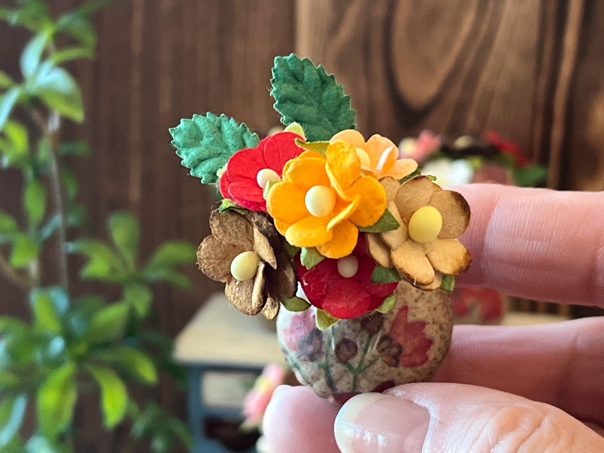 Miniature Stoneware Vase with Flowers – 1:6 Scale Dollhouse Decor | Red & Pink Decoupage Floral Pot __etsy:7845832426