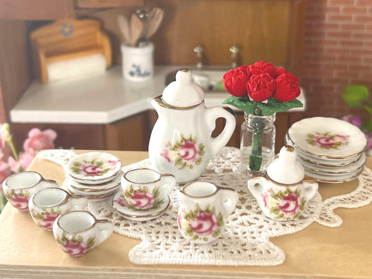 Miniature Tea Set 1:12 Scale – 17-Piece Dollhouse Porcelain Rose & Gold Trim Teatime Set __etsy:6865138008