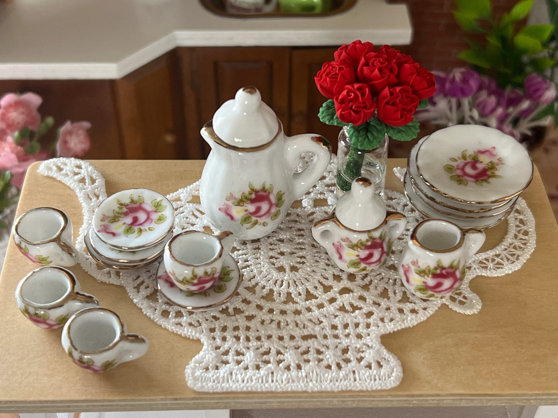 Miniature Tea Set 1:12 Scale – 17-Piece Dollhouse Porcelain Rose & Gold Trim Teatime Set __etsy:5663240361