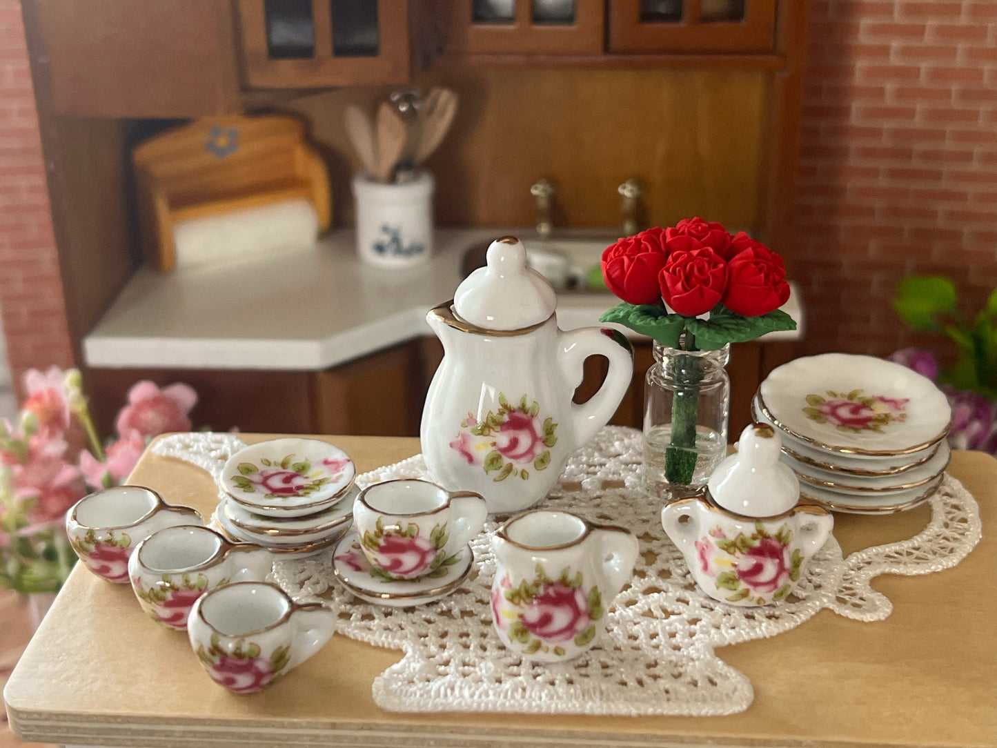Miniature Tea Set 1:12 Scale – 17-Piece Dollhouse Porcelain Rose & Gold Trim Teatime Set __etsy:5615155916