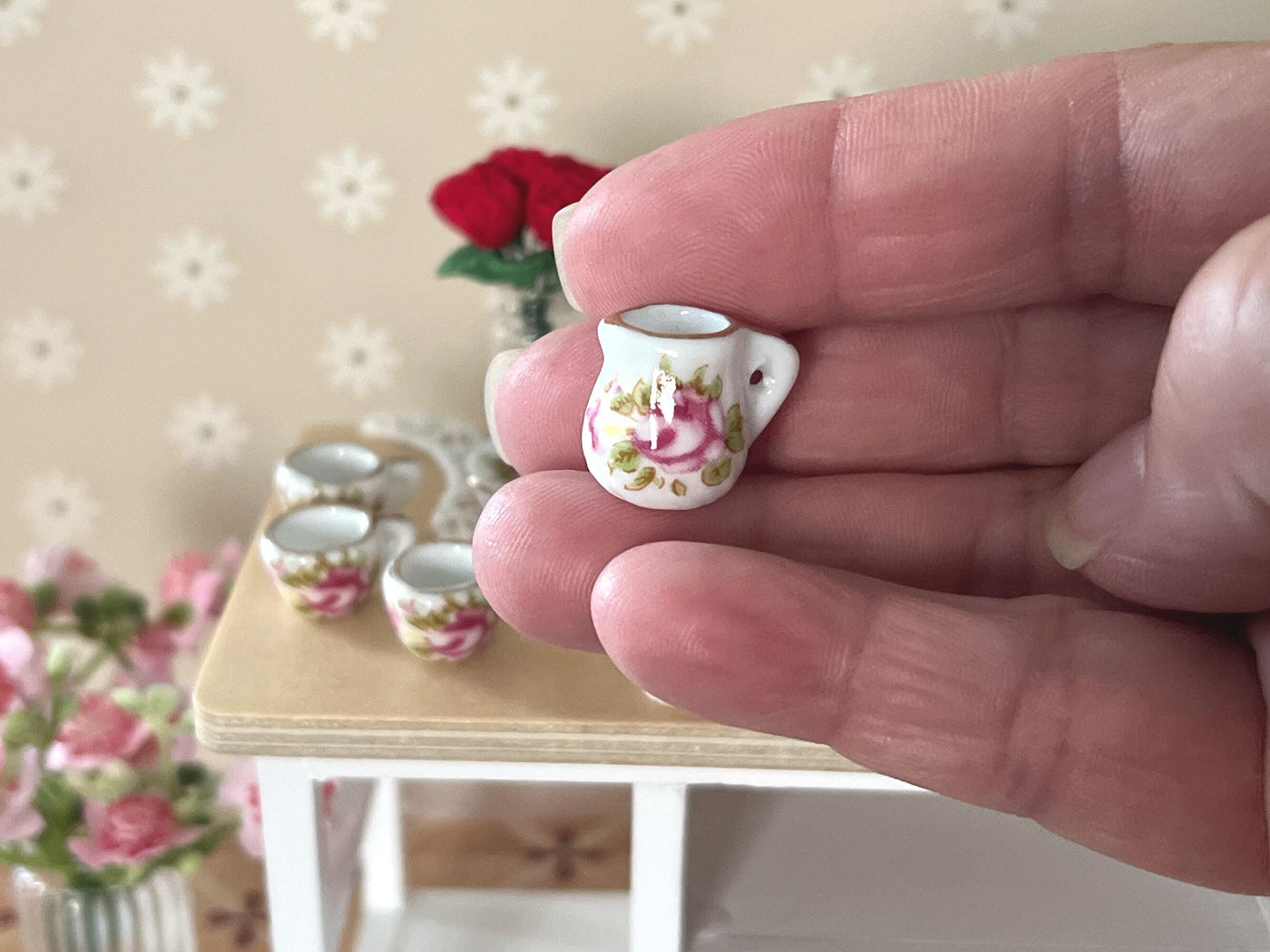 Miniature Tea Set 1:12 Scale – 17-Piece Dollhouse Porcelain Rose & Gold Trim Teatime Set __etsy:6913122607