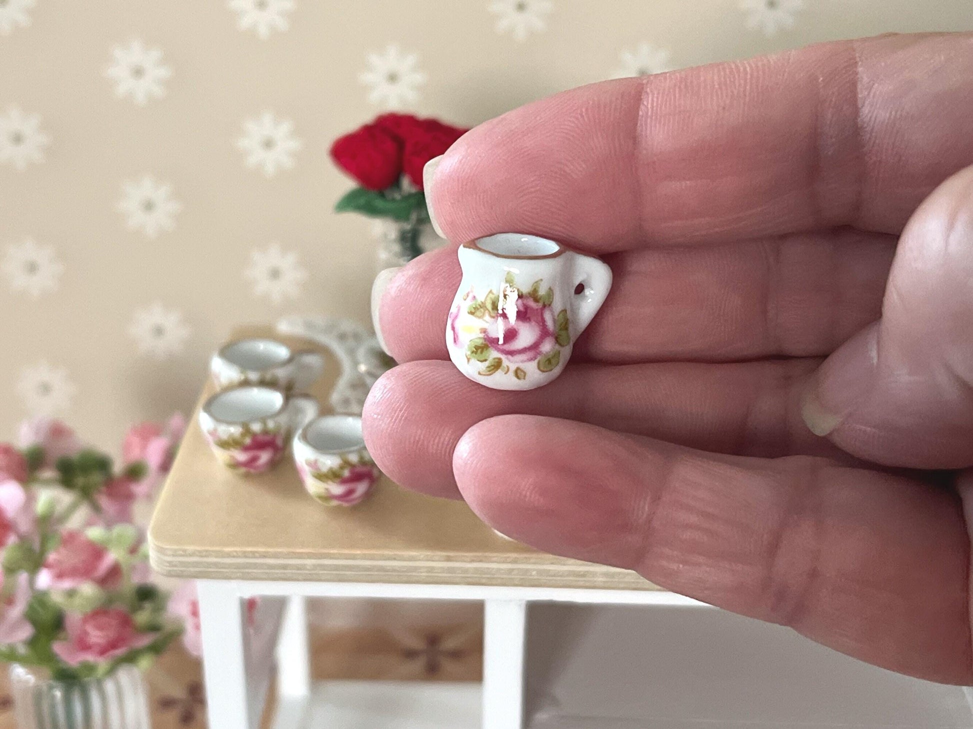 Miniature Tea Set 1:12 Scale – 17-Piece Dollhouse Porcelain Rose & Gold Trim Teatime Set __etsy:6913122607