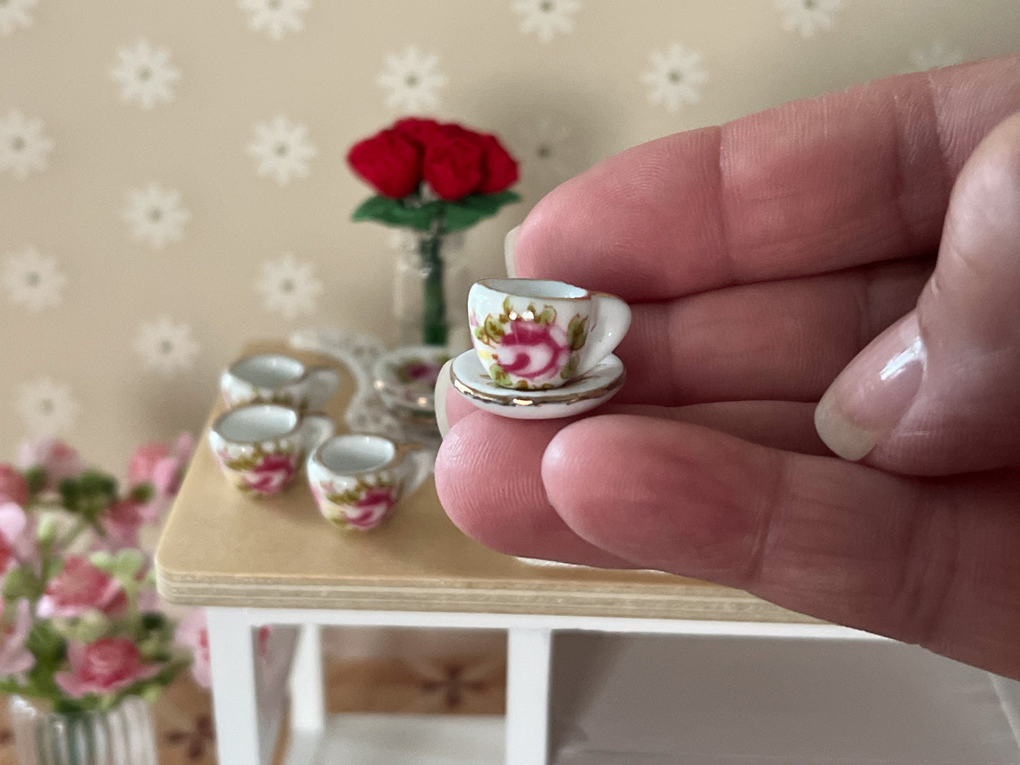 Miniature Tea Set 1:12 Scale – 17-Piece Dollhouse Porcelain Rose & Gold Trim Teatime Set __etsy:5663240177